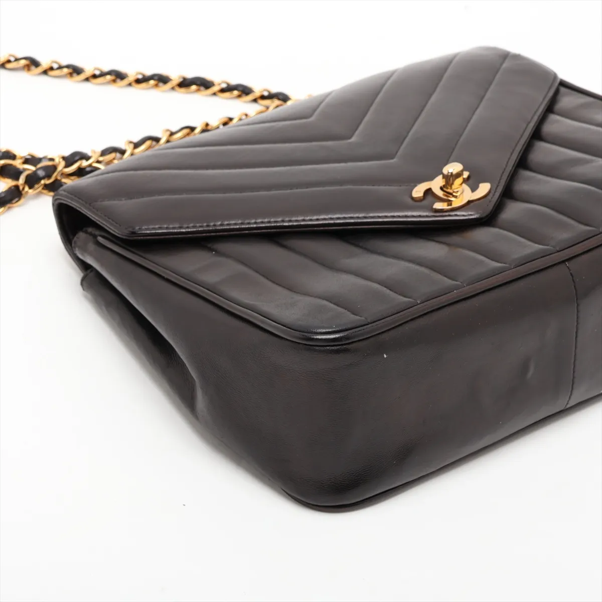 V-stitch lambskin single flap double chain bag, Mademoiselle, black with gold hardware, 2582440, serial number 2. — view 4