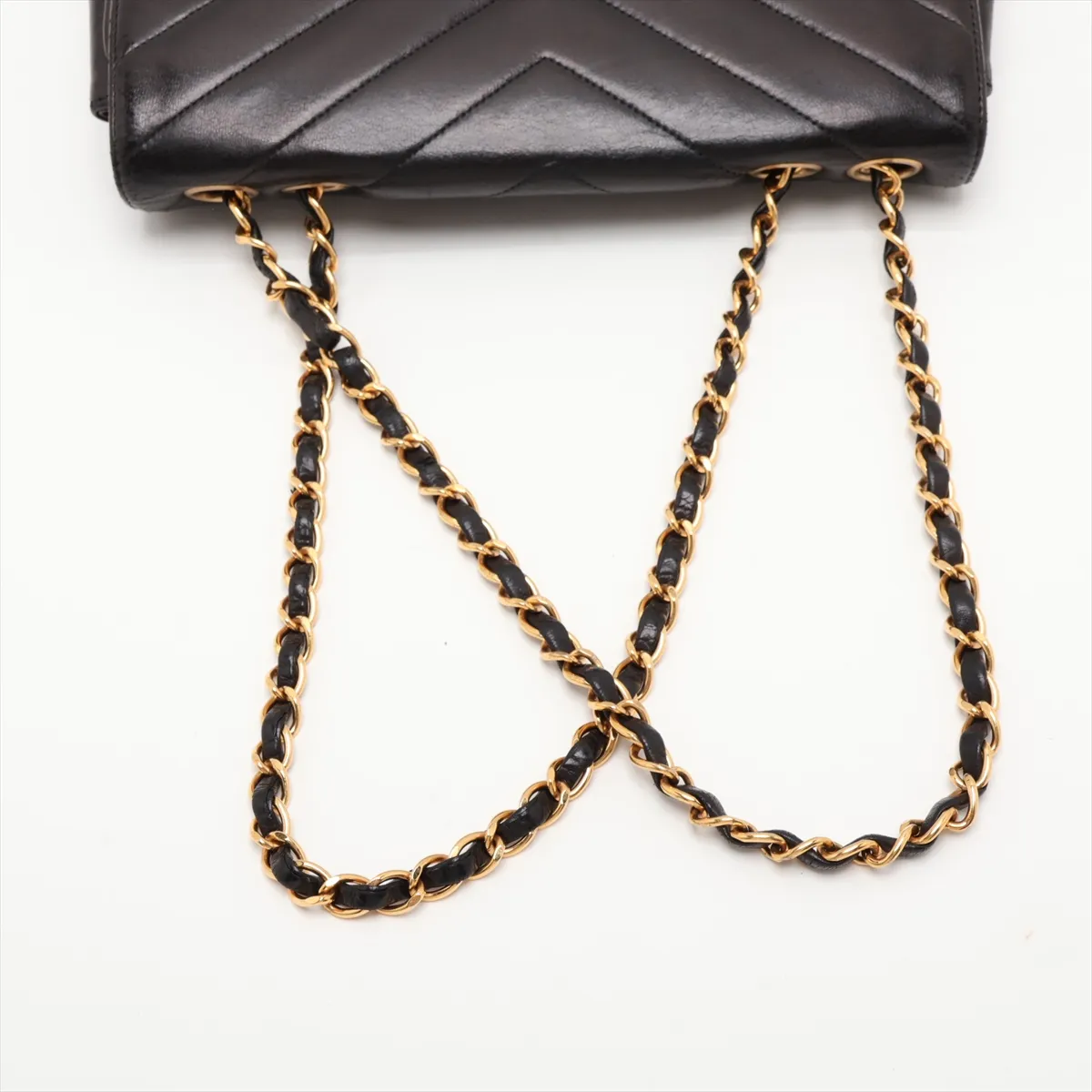 V-stitch lambskin single flap double chain bag, Mademoiselle, black with gold hardware, 2582440, serial number 2. — view 5
