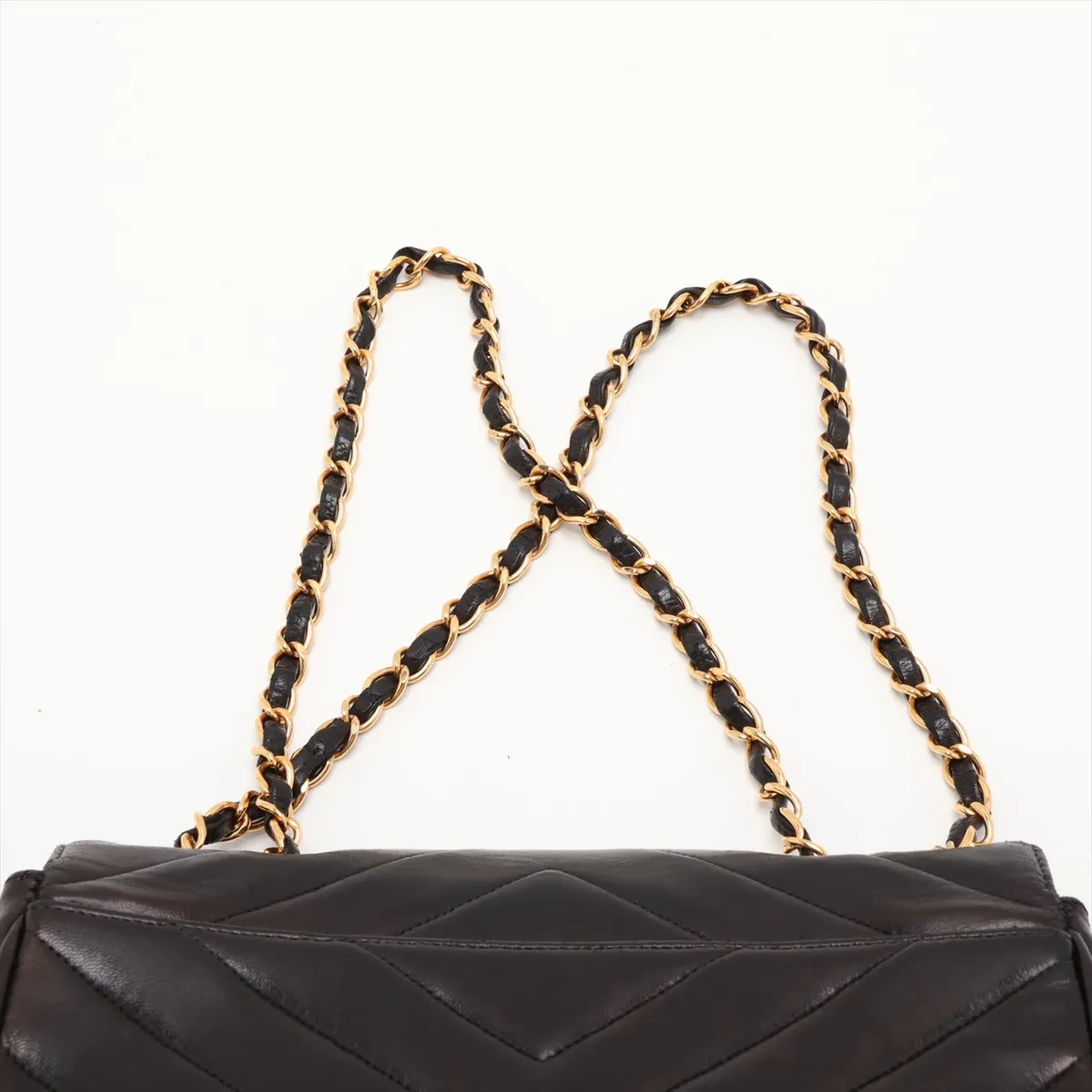 V-stitch lambskin single flap double chain bag, Mademoiselle, black with gold hardware, 2582440, serial number 2. — view 6
