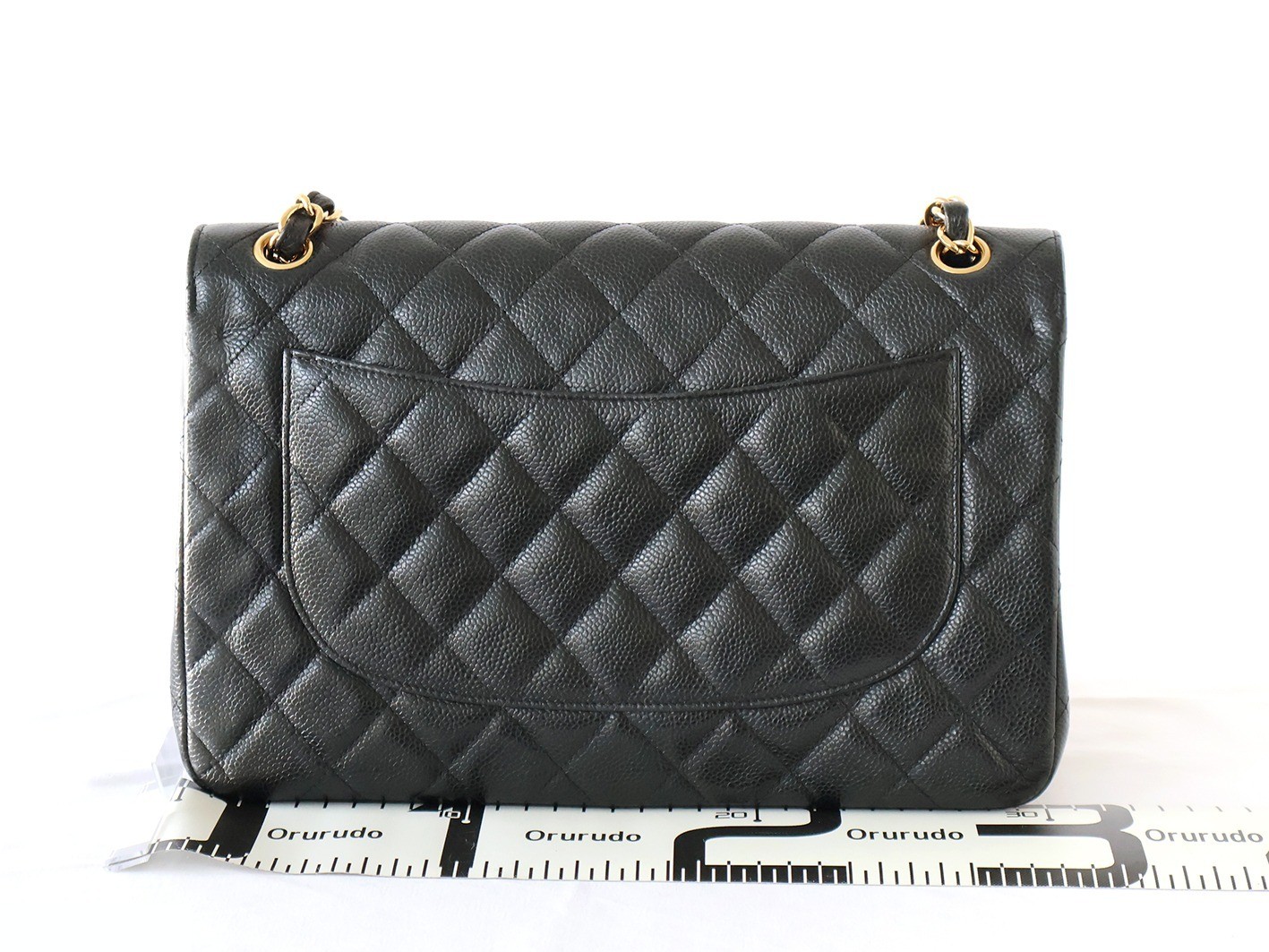Large Matelassé Caviar Skin Double Flap Double Chain Shoulder Bag, Black — view 2