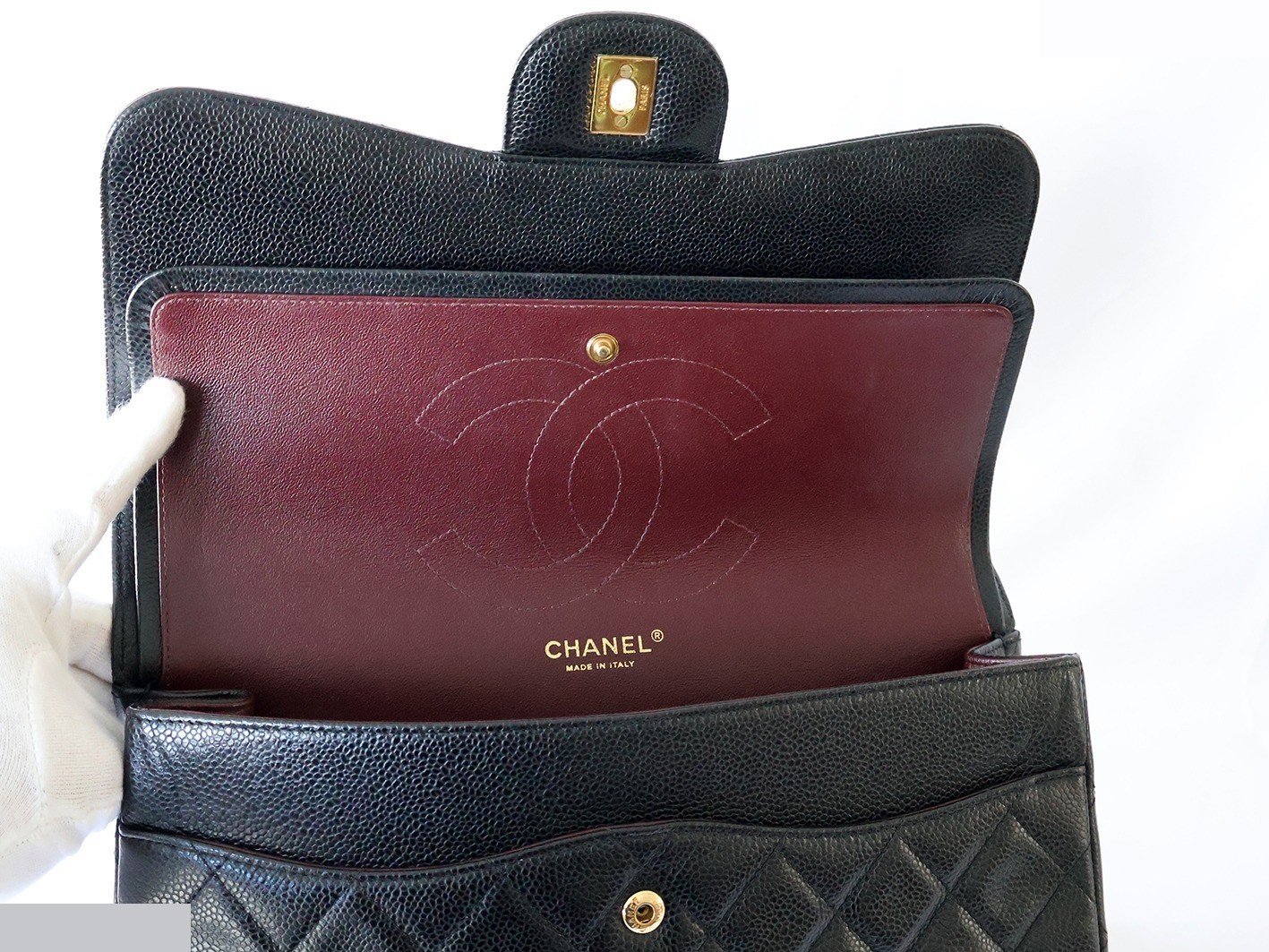 Large Matelassé Caviar Skin Double Flap Double Chain Shoulder Bag, Black — view 11