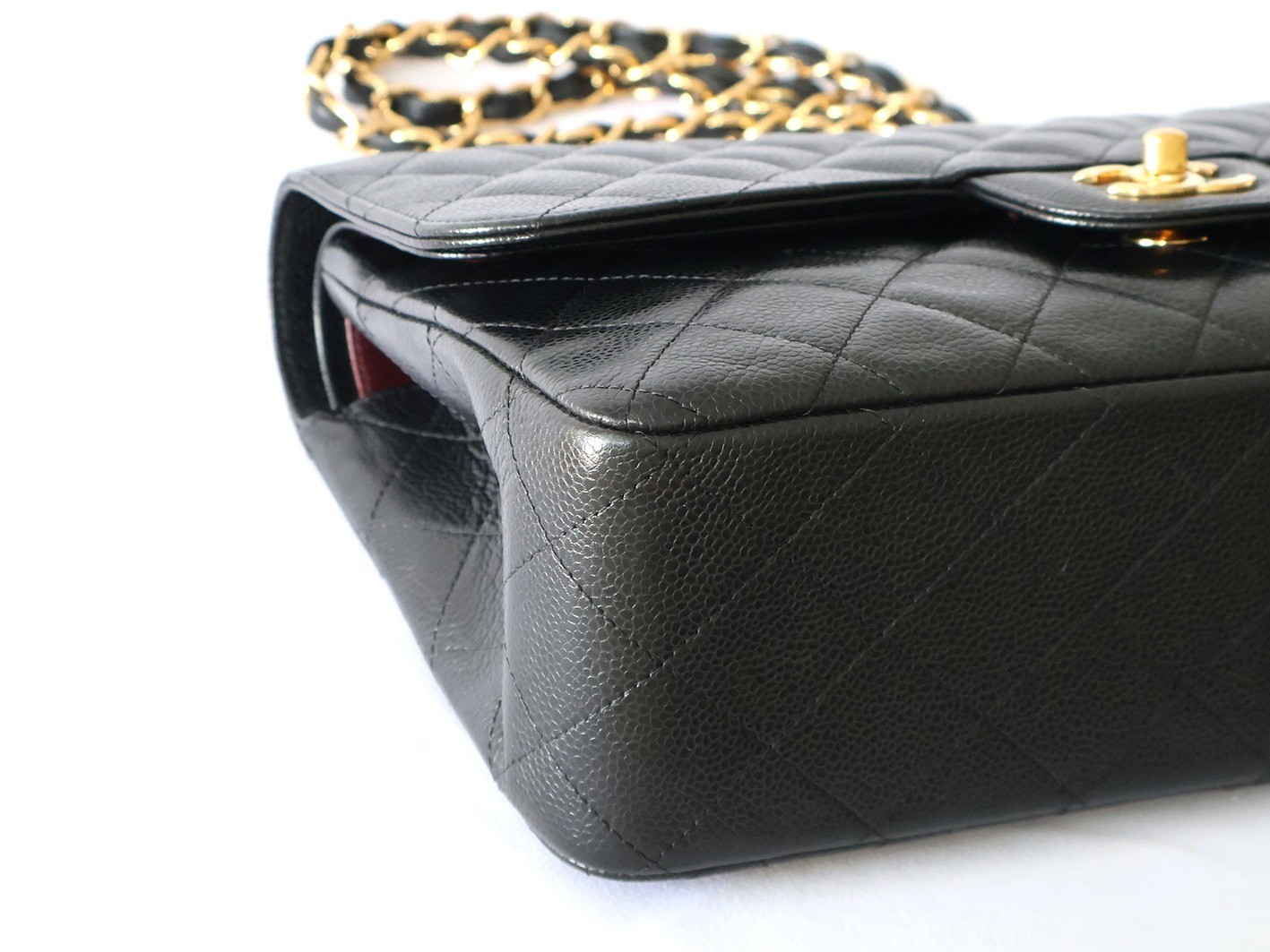 Large Matelassé Caviar Skin Double Flap Double Chain Shoulder Bag, Black — view 3