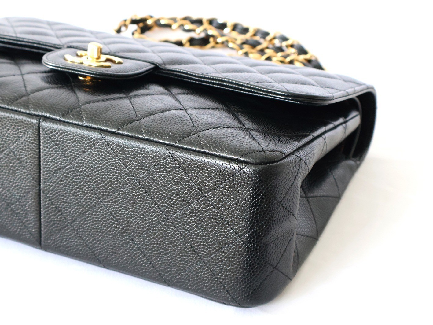 Large Matelassé Caviar Skin Double Flap Double Chain Shoulder Bag, Black — view 4