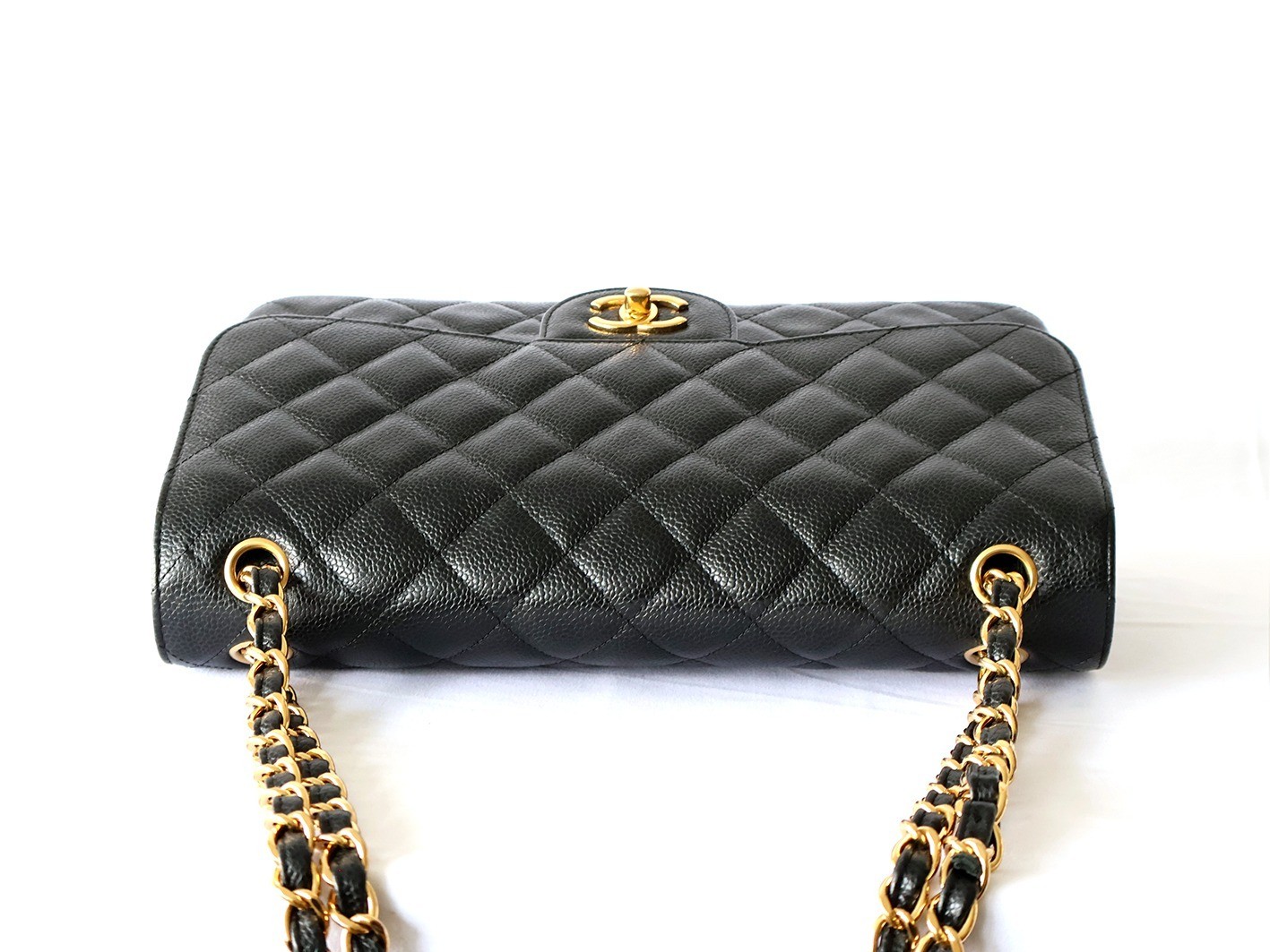 Large Matelassé Caviar Skin Double Flap Double Chain Shoulder Bag, Black — view 6