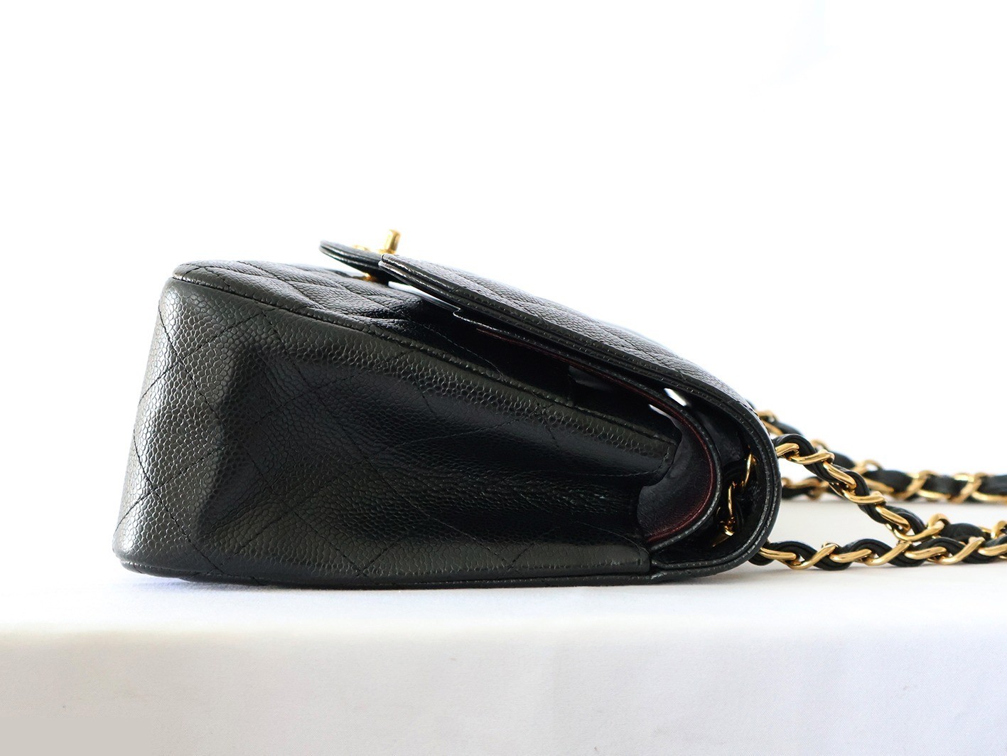 Large Matelassé Caviar Skin Double Flap Double Chain Shoulder Bag, Black — view 7