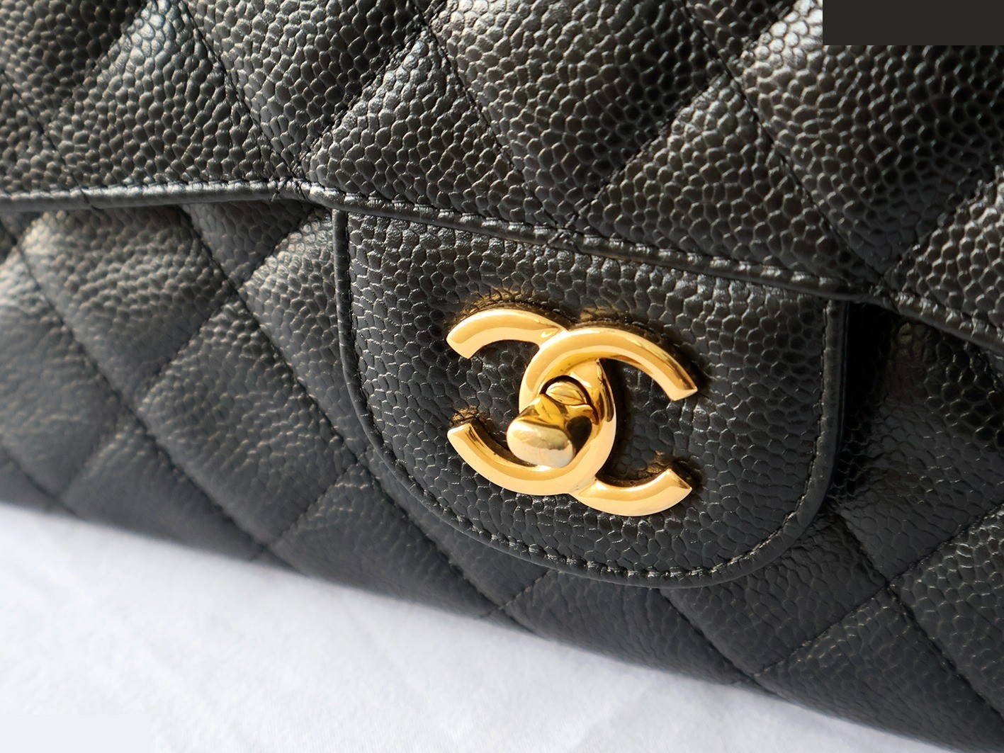 Large Matelassé Caviar Skin Double Flap Double Chain Shoulder Bag, Black — view 8