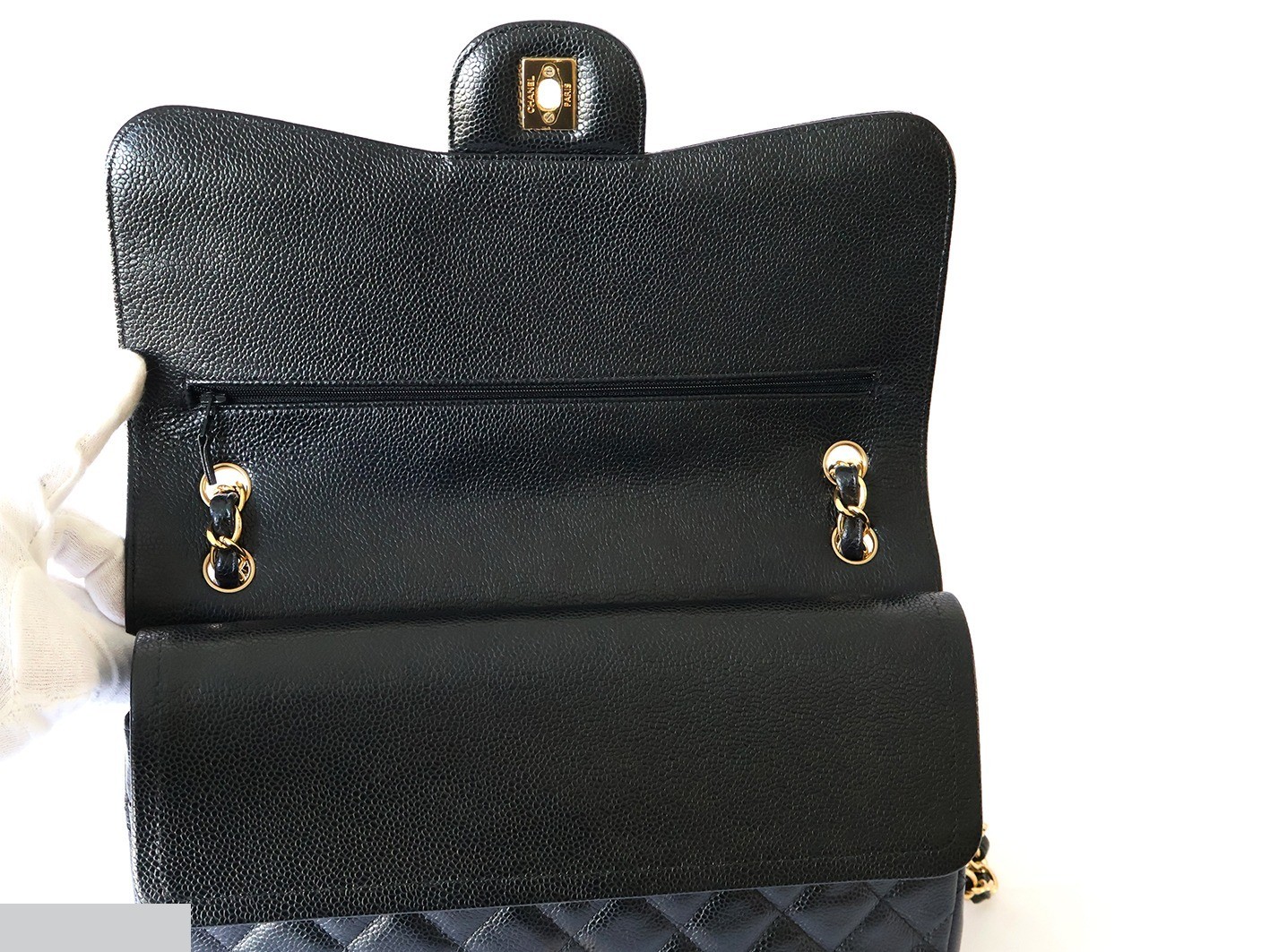 Large Matelassé Caviar Skin Double Flap Double Chain Shoulder Bag, Black — view 10