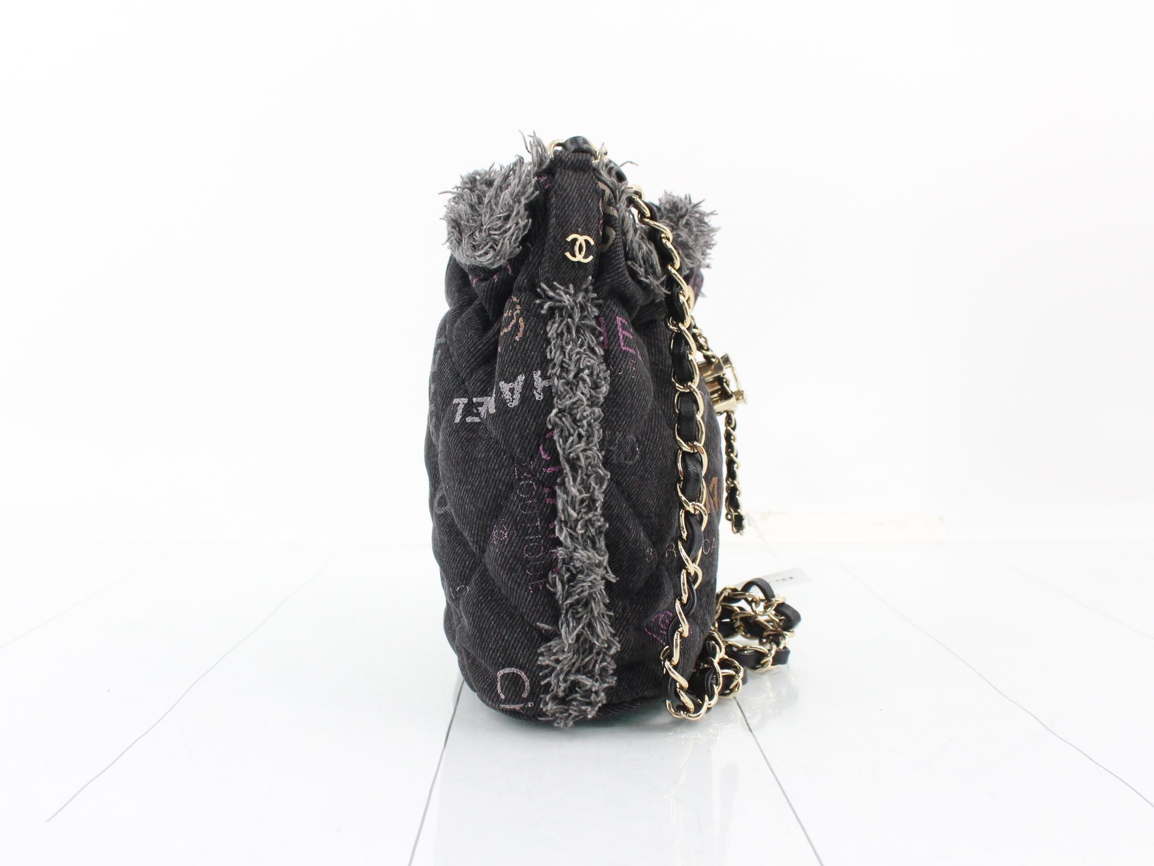 Denim Small Bucket Bag with Chain Shoulder Strap — view 4