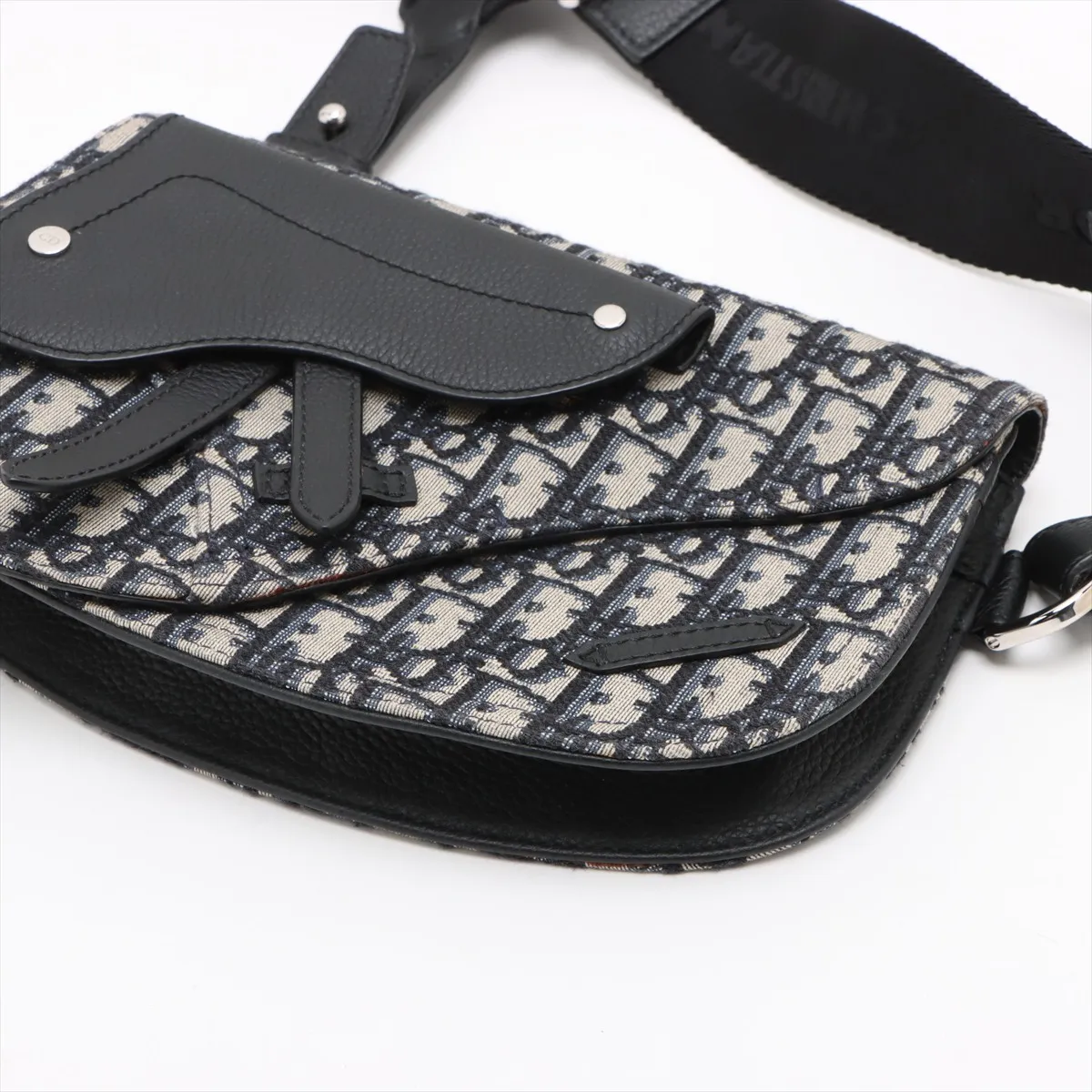 Oblique Saddle Canvas x Leather Shoulder Bag, Navy — view 3
