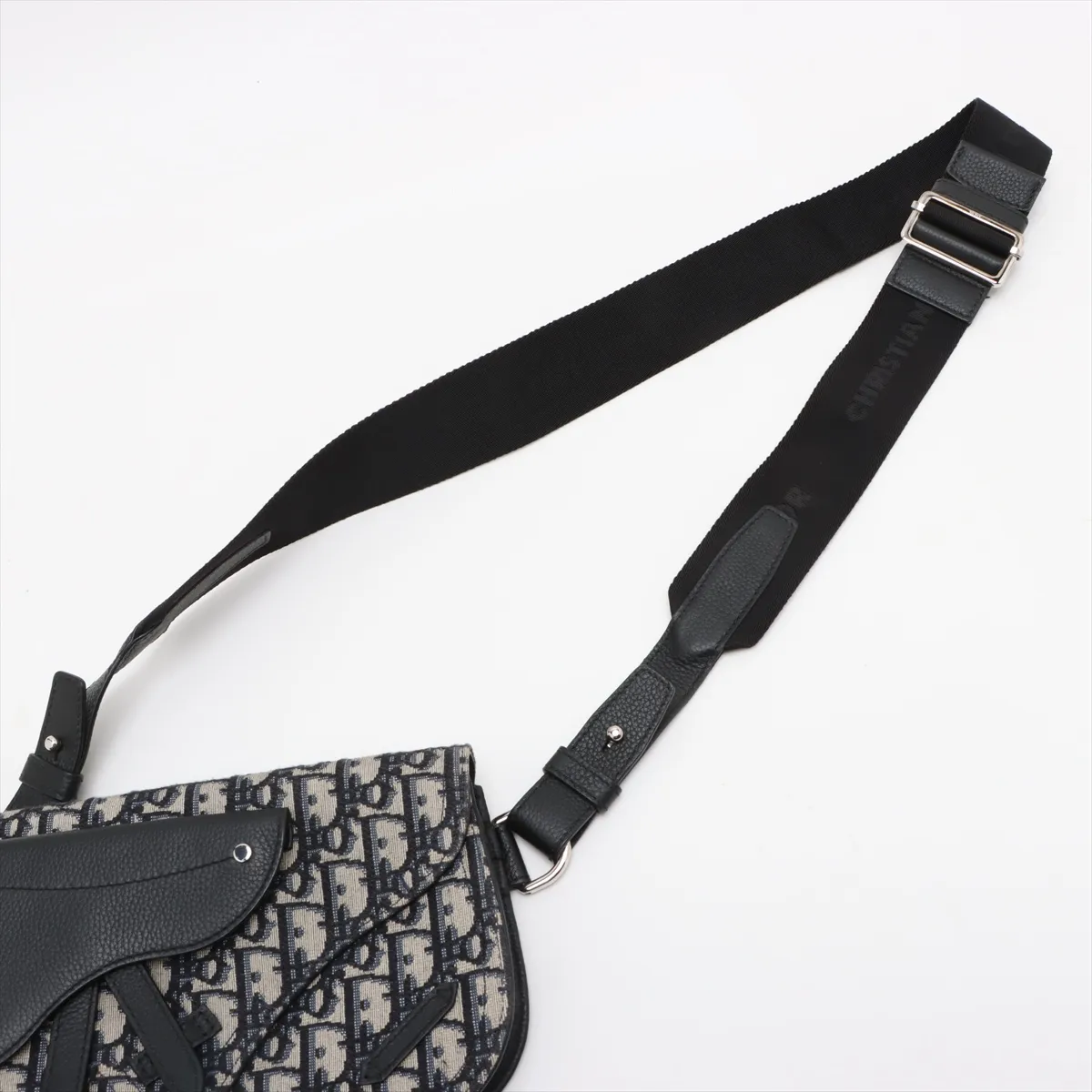 Oblique Saddle Canvas x Leather Shoulder Bag, Navy — view 5