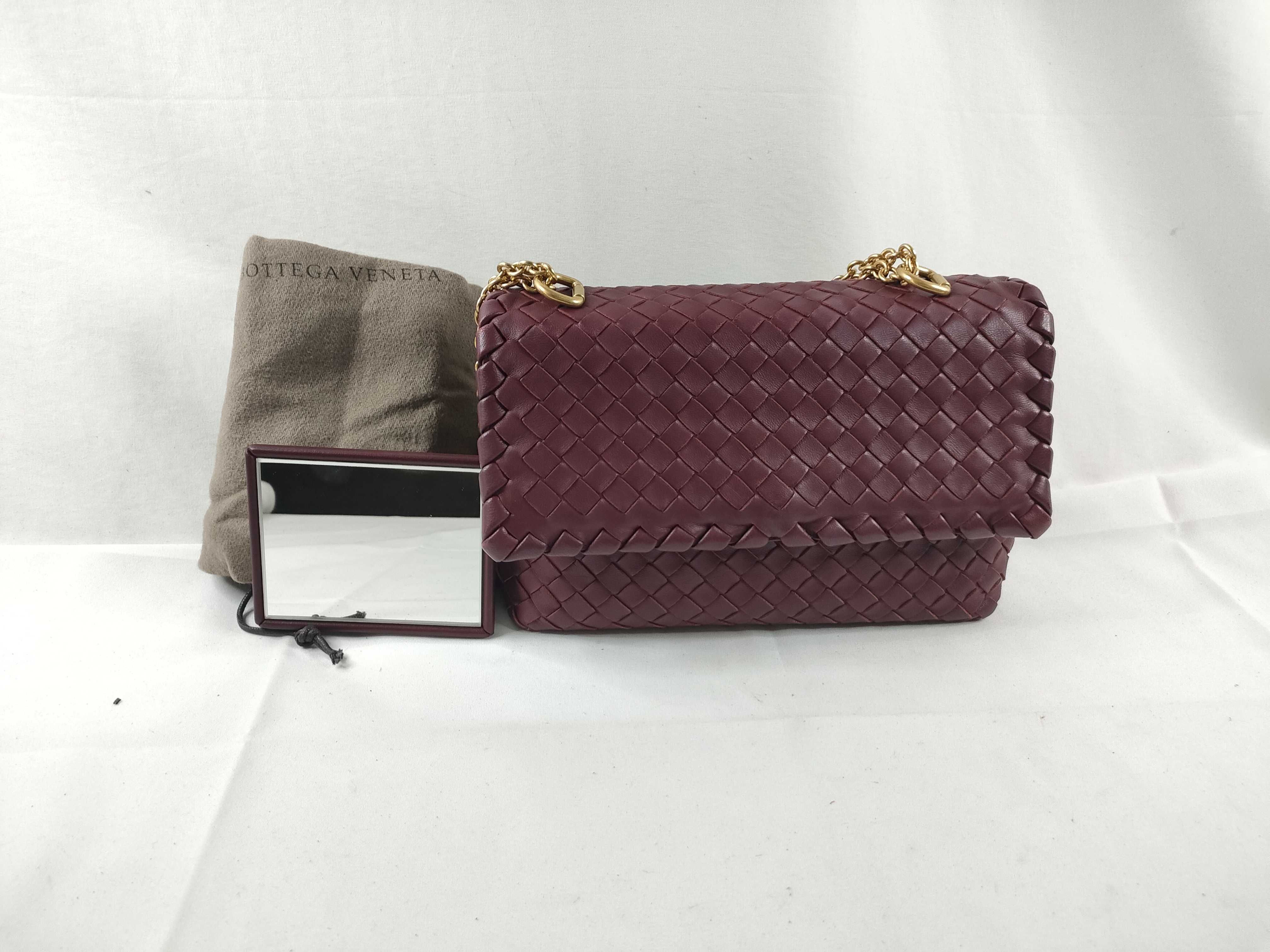 Intrecciato Olympia Leather Chain Shoulder Bag, Wine Red, with Mirror