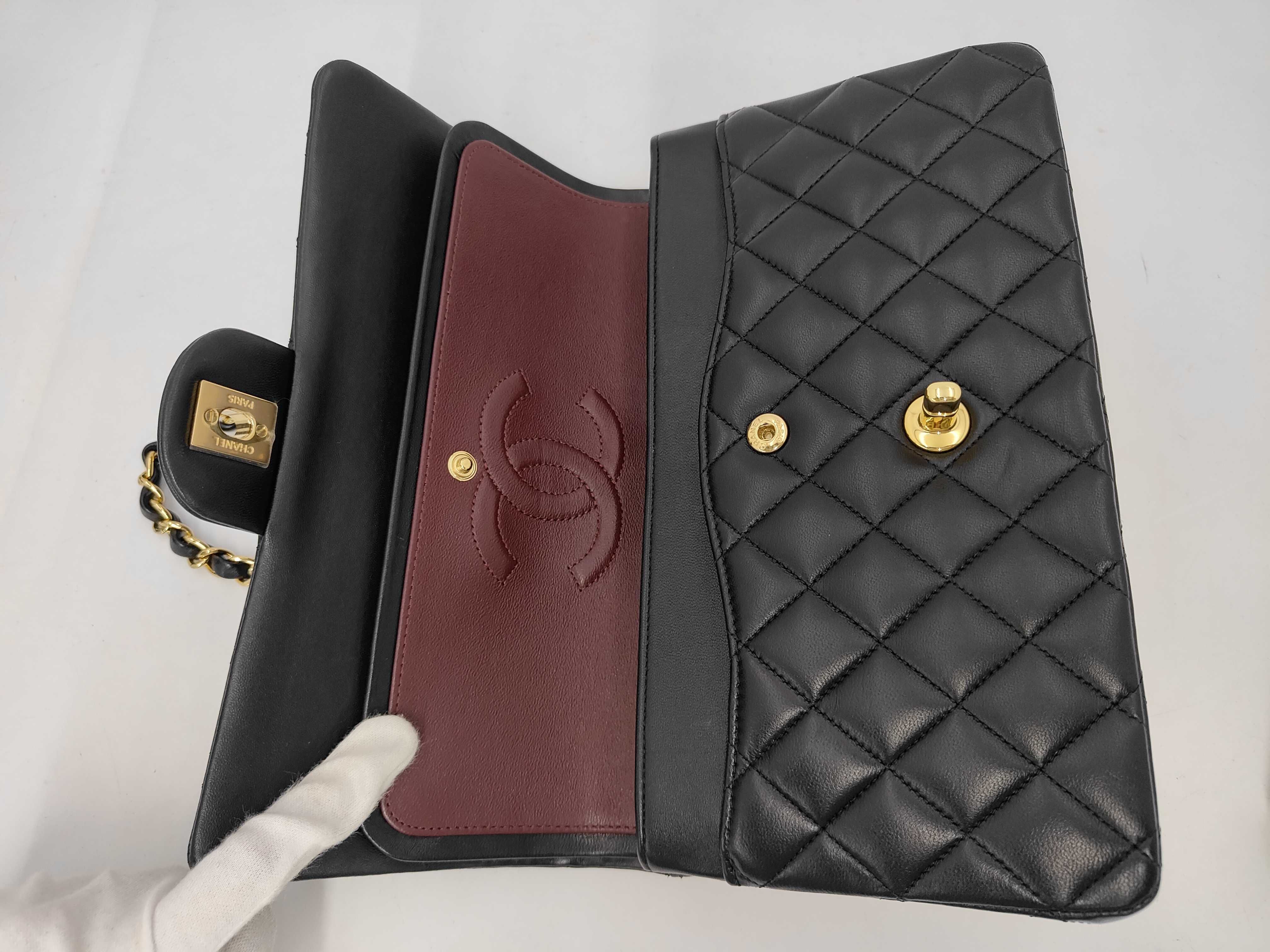 Matelassé Double Flap Chain Shoulder Bag, Lambskin, Black, Gold Hardware. — view 5