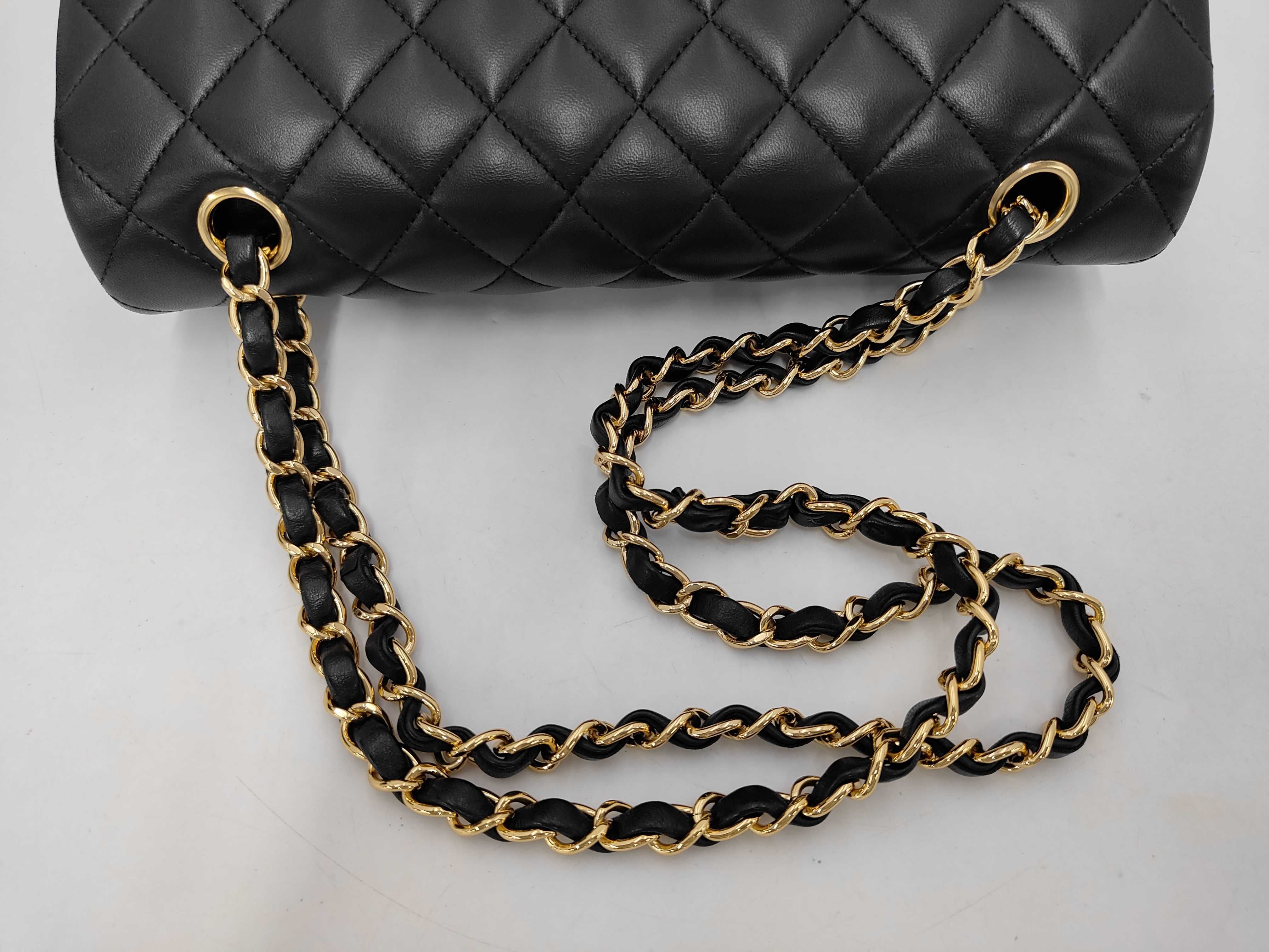 Matelassé Double Flap Chain Shoulder Bag, Lambskin, Black, Gold Hardware. — view 9