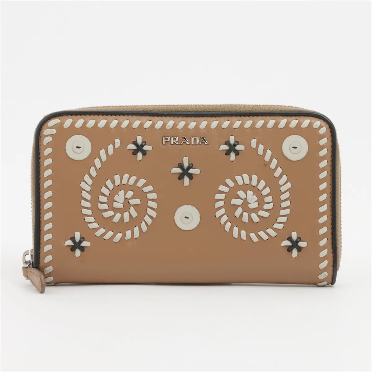 leather round zip wallet beige