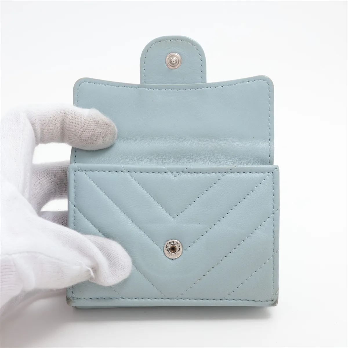 V-stitch Lambskin Compact Wallet, Blue, Silver Hardware, LE9H11X6 — view 3