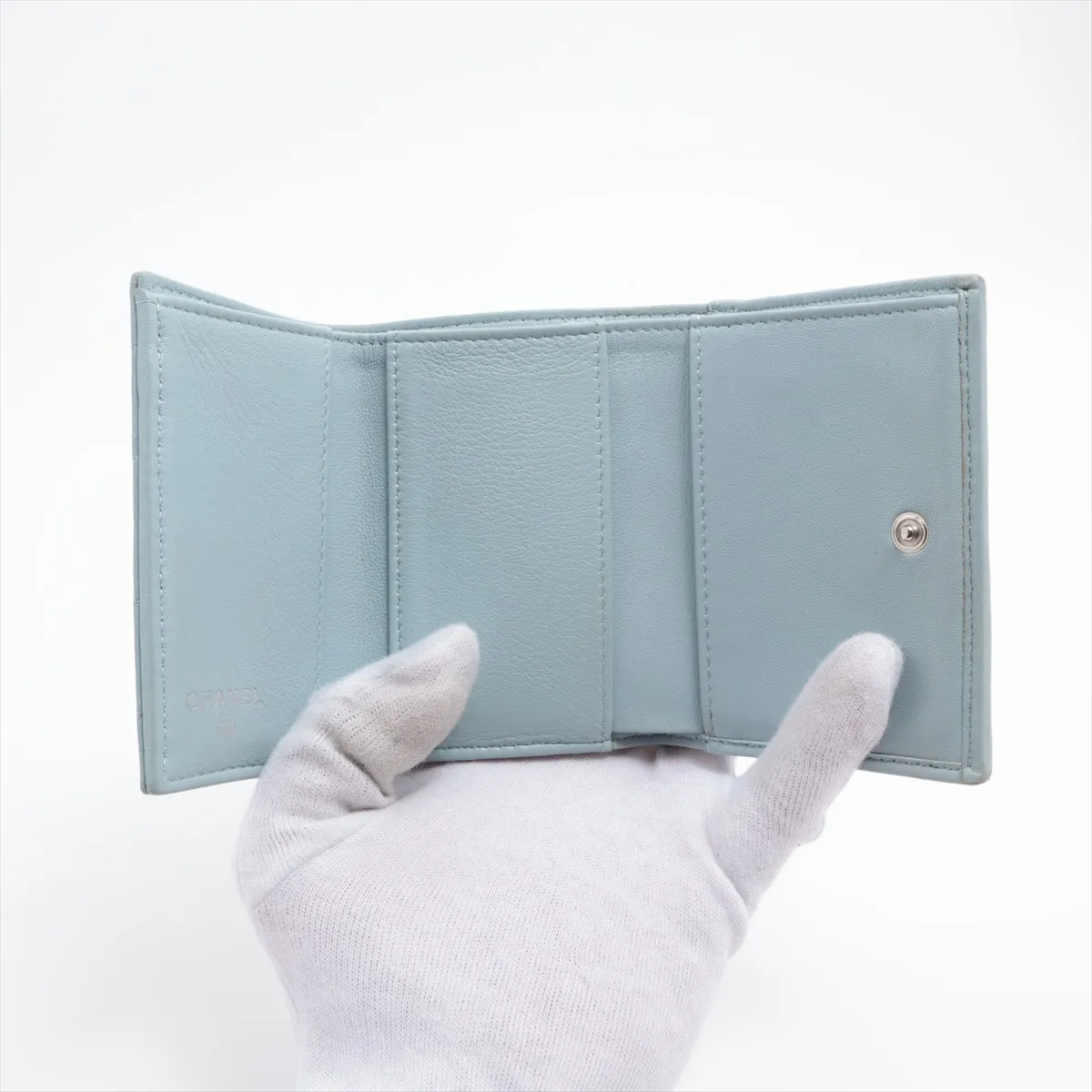 V-stitch Lambskin Compact Wallet, Blue, Silver Hardware, LE9H11X6 — view 4
