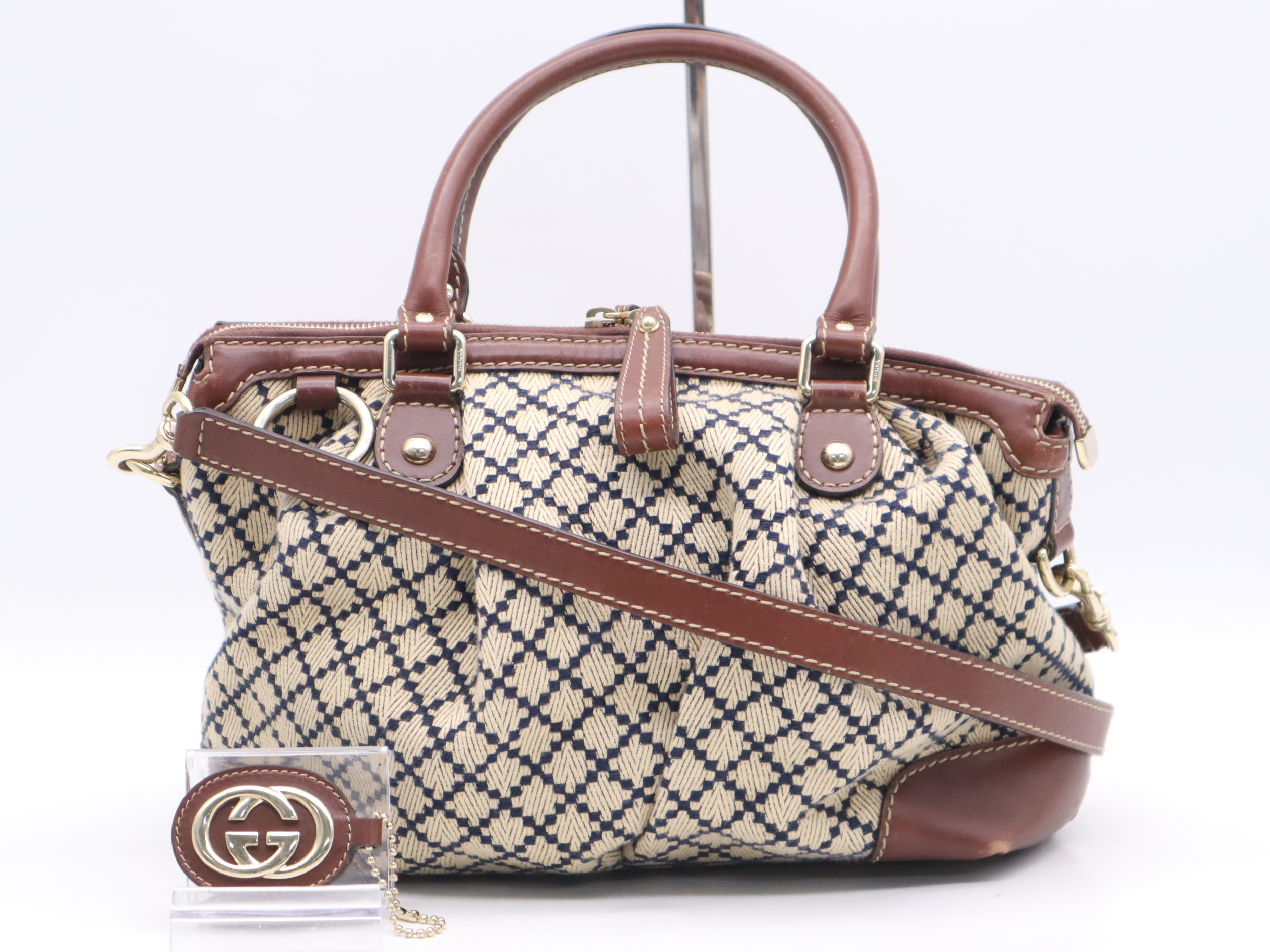 247902 Canvas x Leather Small Diamante Sukey 2-Way Handbag Brown Gold Hardware with Shoulder Strap and Charm
