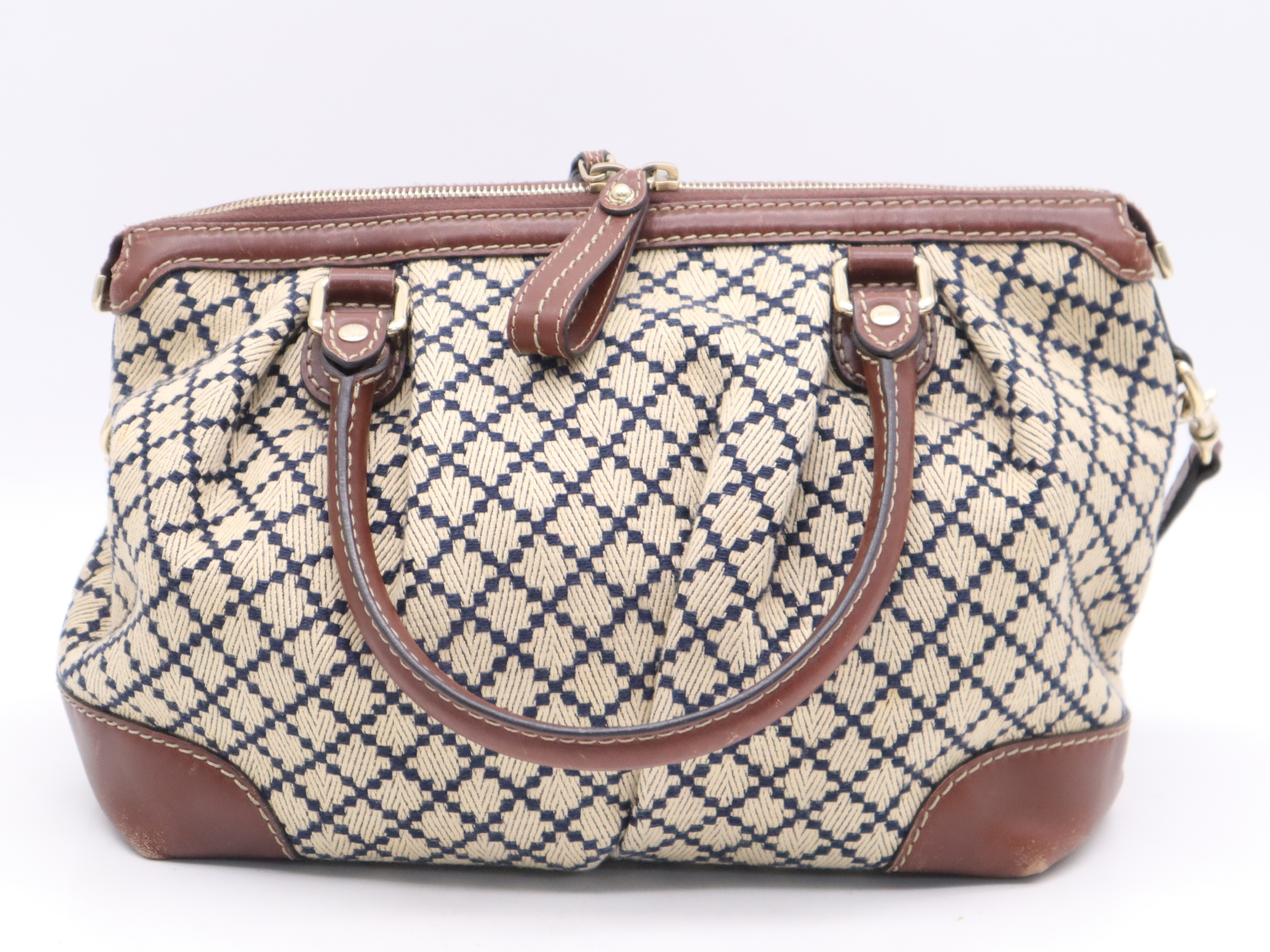 247902 Canvas x Leather Small Diamante Sukey 2-Way Handbag Brown Gold Hardware with Shoulder Strap and Charm — view 2