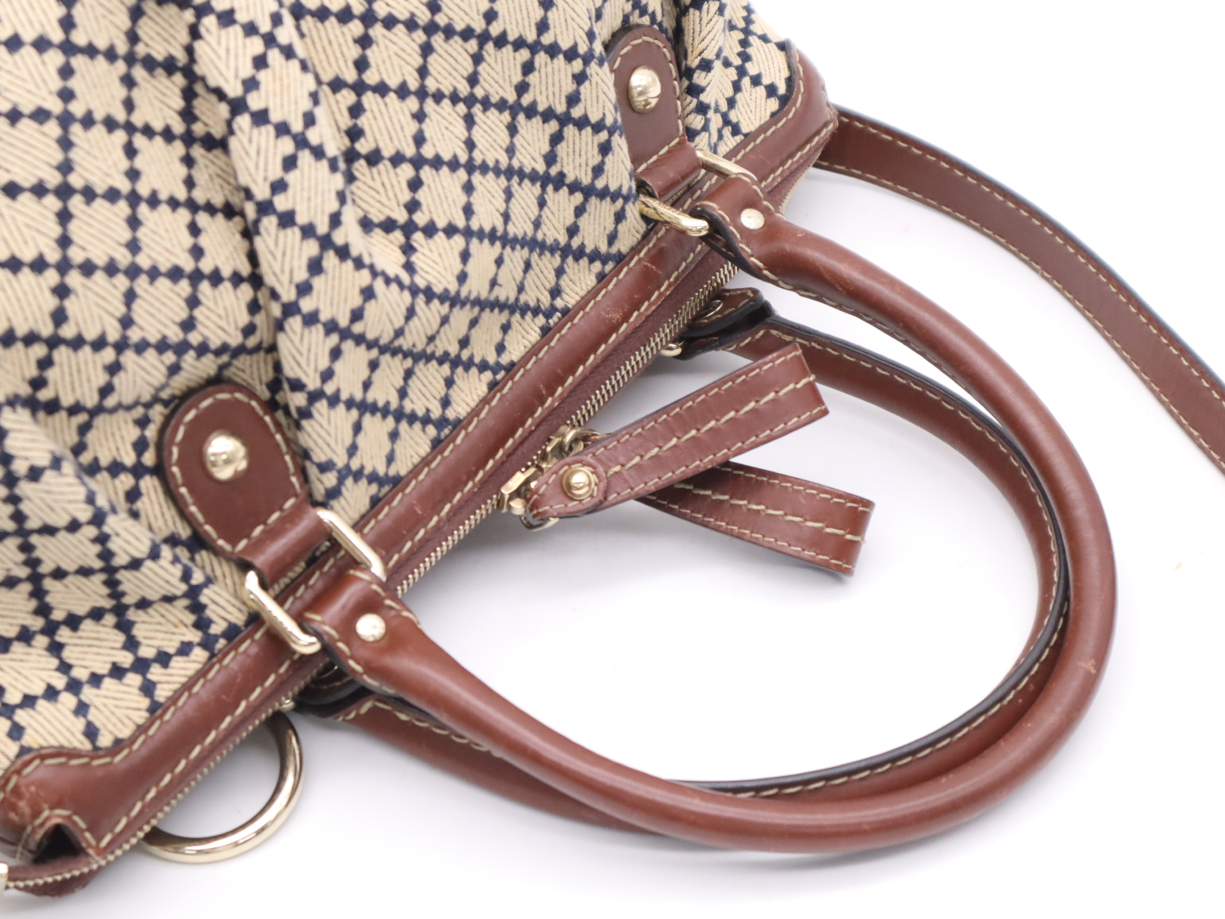 247902 Canvas x Leather Small Diamante Sukey 2-Way Handbag Brown Gold Hardware with Shoulder Strap and Charm — view 6