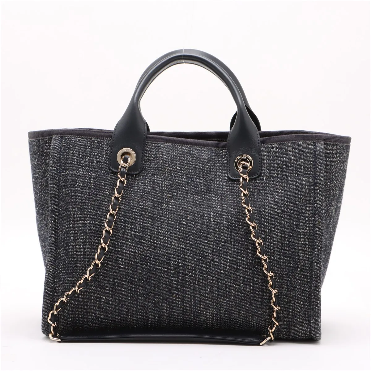 Deauville MM Mixed Fiber Chain Tote Bag Blue Gold Hardware H8CUCECG Random Plate — view 2