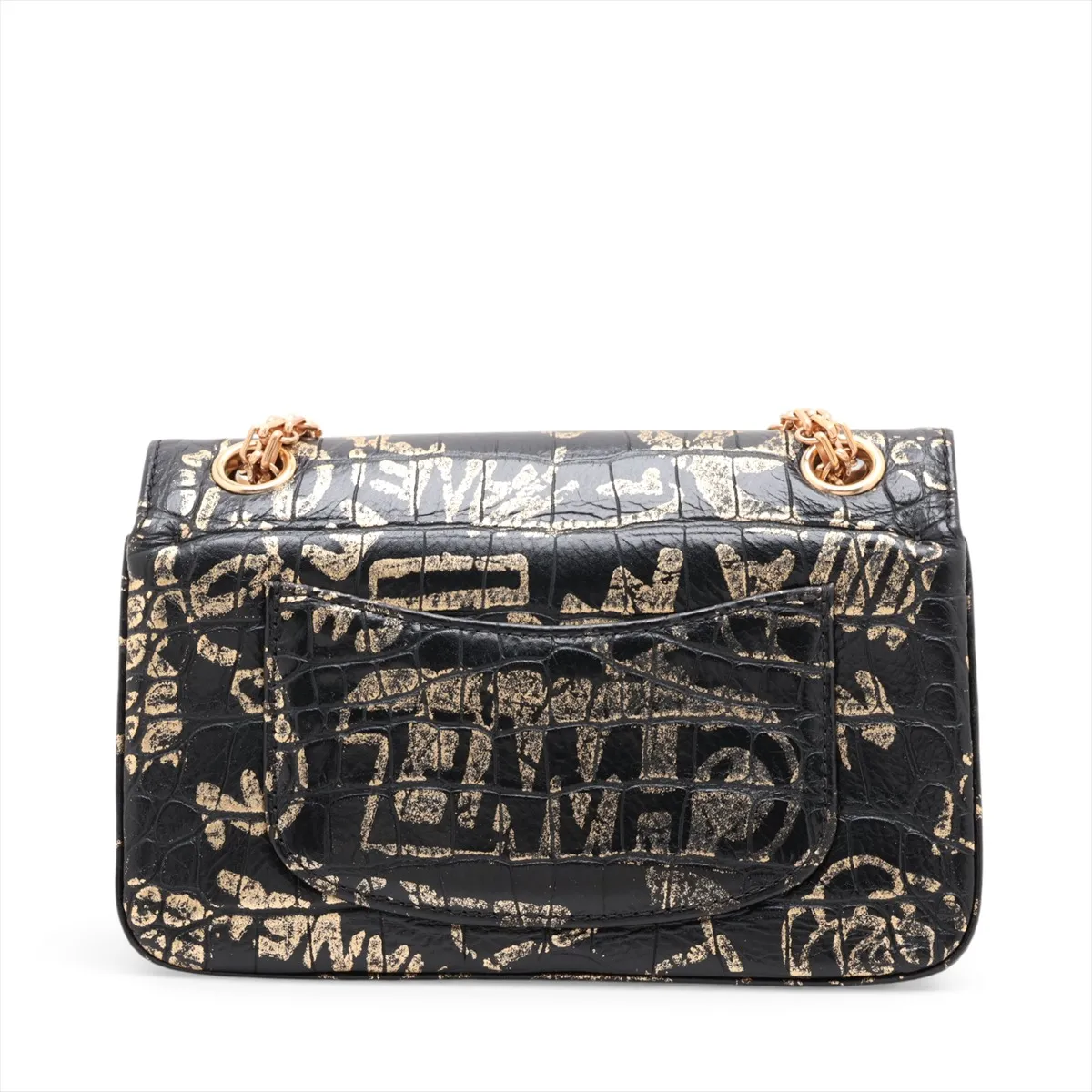 2.55 Crocodile Embossed Single Flap Double Chain Bag, Graffiti Design, Black x Gold, Gold Hardware, Serial Number 28 — view 2