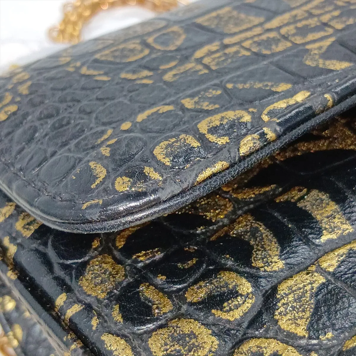 2.55 Crocodile Embossed Single Flap Double Chain Bag, Graffiti Design, Black x Gold, Gold Hardware, Serial Number 28 — view 15