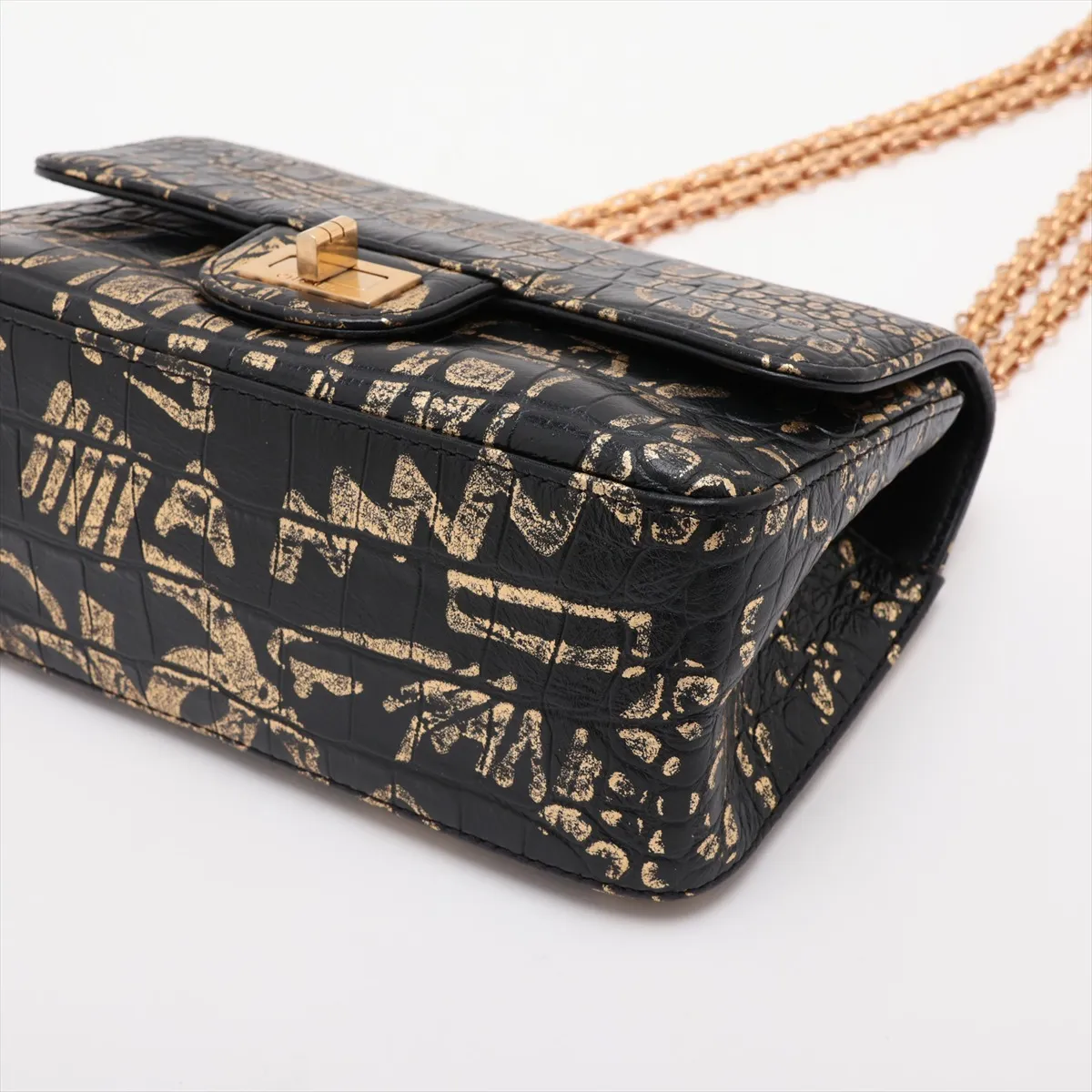2.55 Crocodile Embossed Single Flap Double Chain Bag, Graffiti Design, Black x Gold, Gold Hardware, Serial Number 28 — view 3
