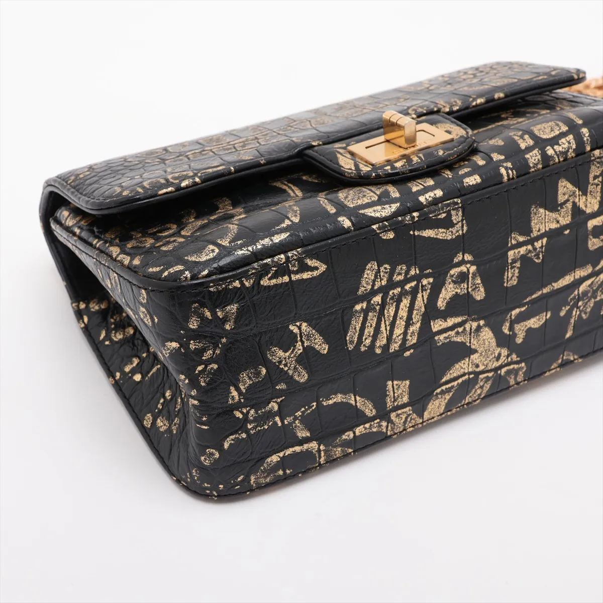 2.55 Crocodile Embossed Single Flap Double Chain Bag, Graffiti Design, Black x Gold, Gold Hardware, Serial Number 28 — view 4