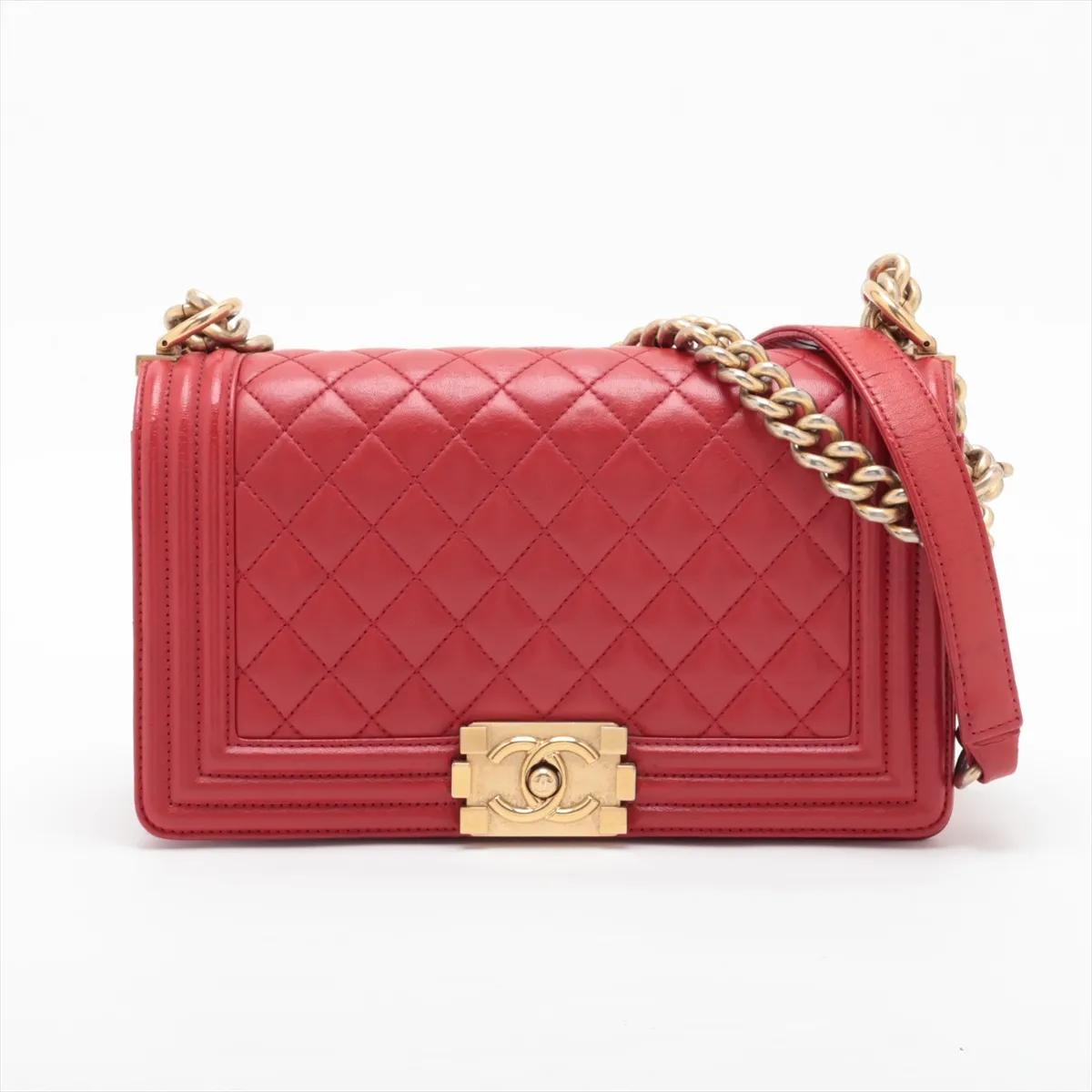 Boy Chanel 25 Lambskin Chain Shoulder Bag, Red with Gold Hardware, 21281528, Serial Number 21, A67086