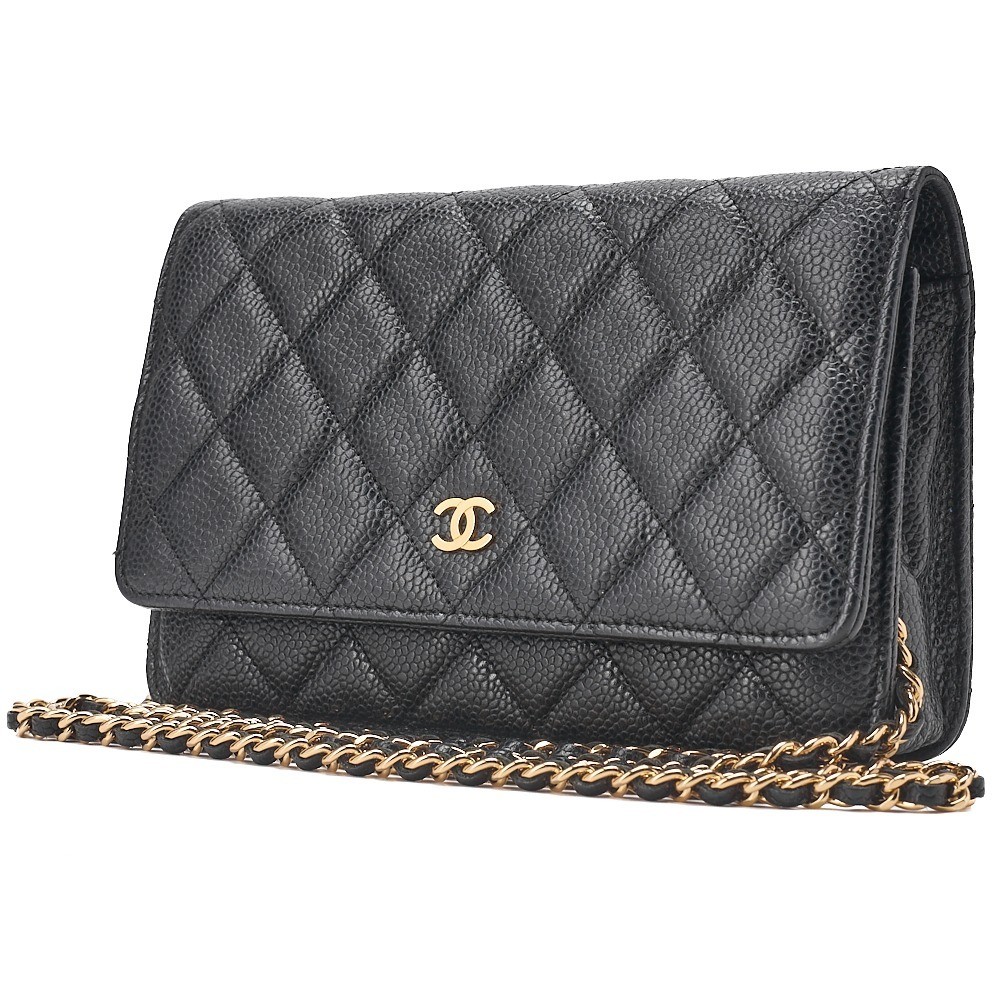 Caviar leather matelassé chain wallet, black, gold hardware, serial number 19 series. — view 3