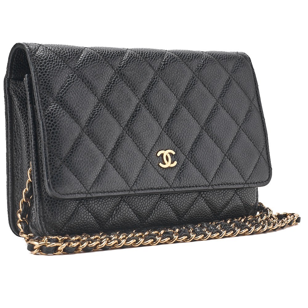 Caviar leather matelassé chain wallet, black, gold hardware, serial number 19 series. — view 4