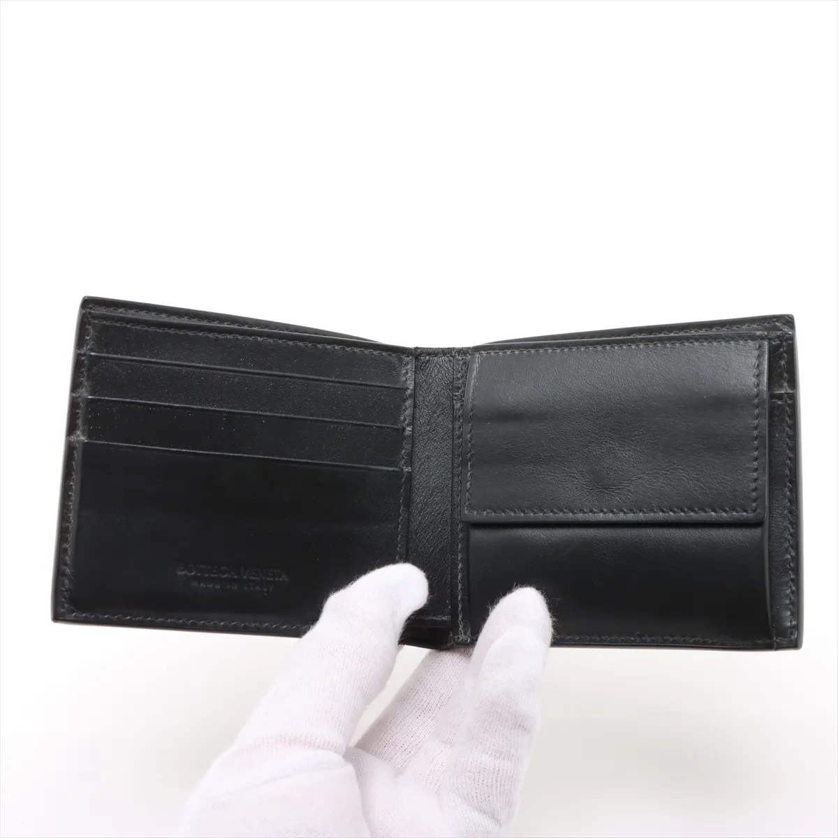 Maxi Intrecciato Leather Compact Wallet, Black — view 3