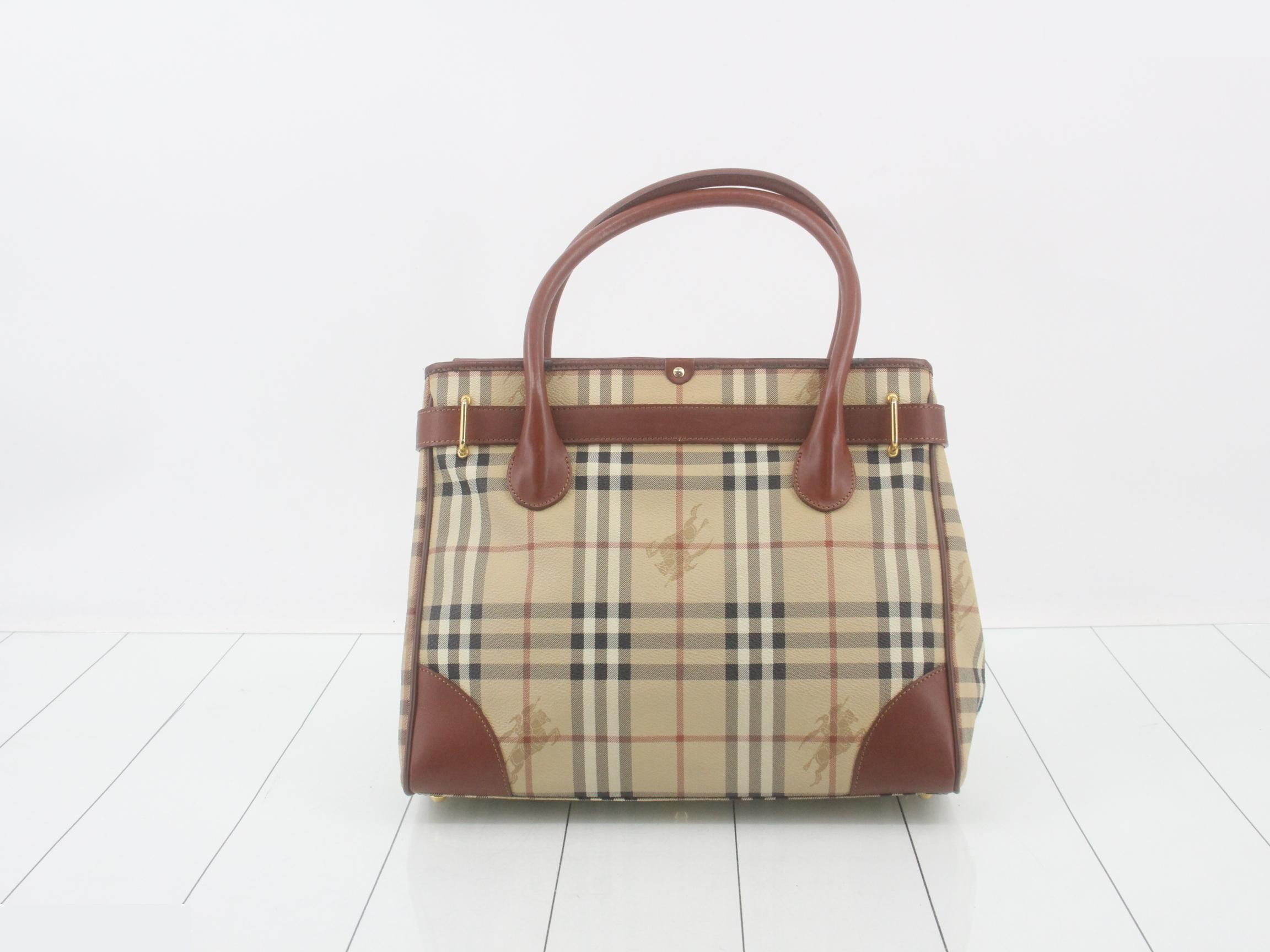 Nova Check Tote Bag, Horse Logo, Brown — view 2