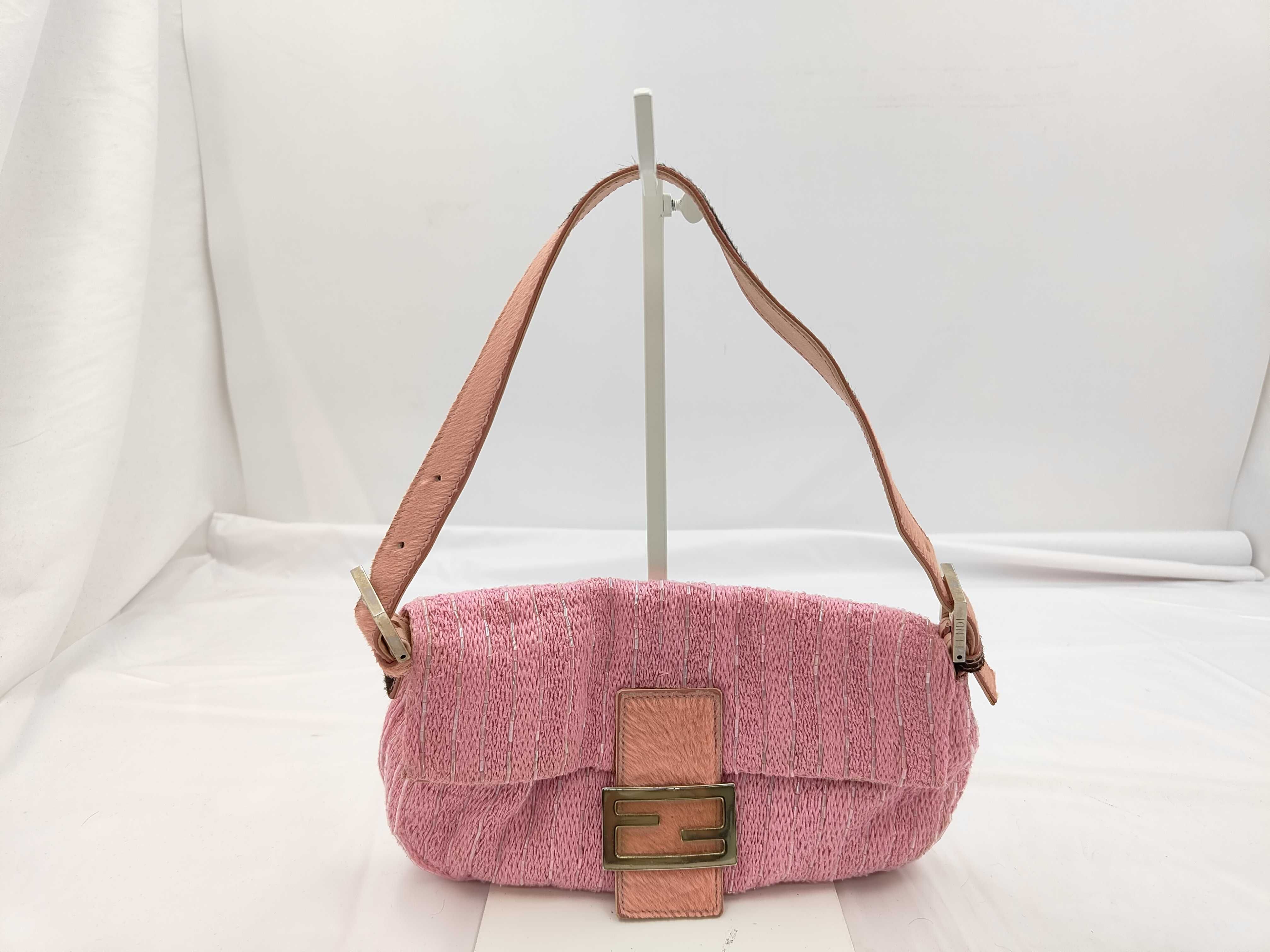 Mamma Bucket Beaded Calfskin Knit Pink Shoulder Bag