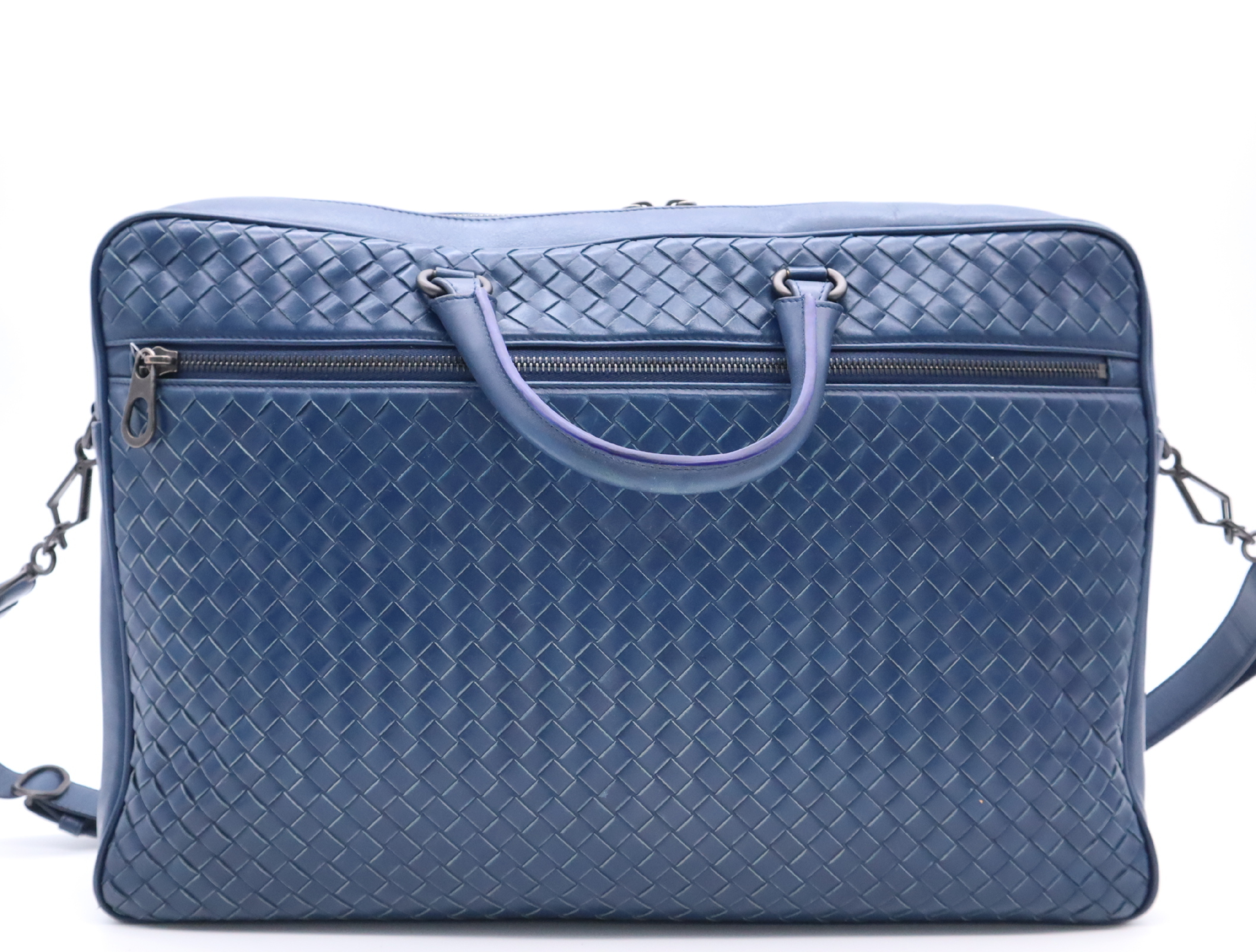 Leather Intrecciato 2-Way Business Bag with Shoulder Strap, Blue Business Bag — view 2