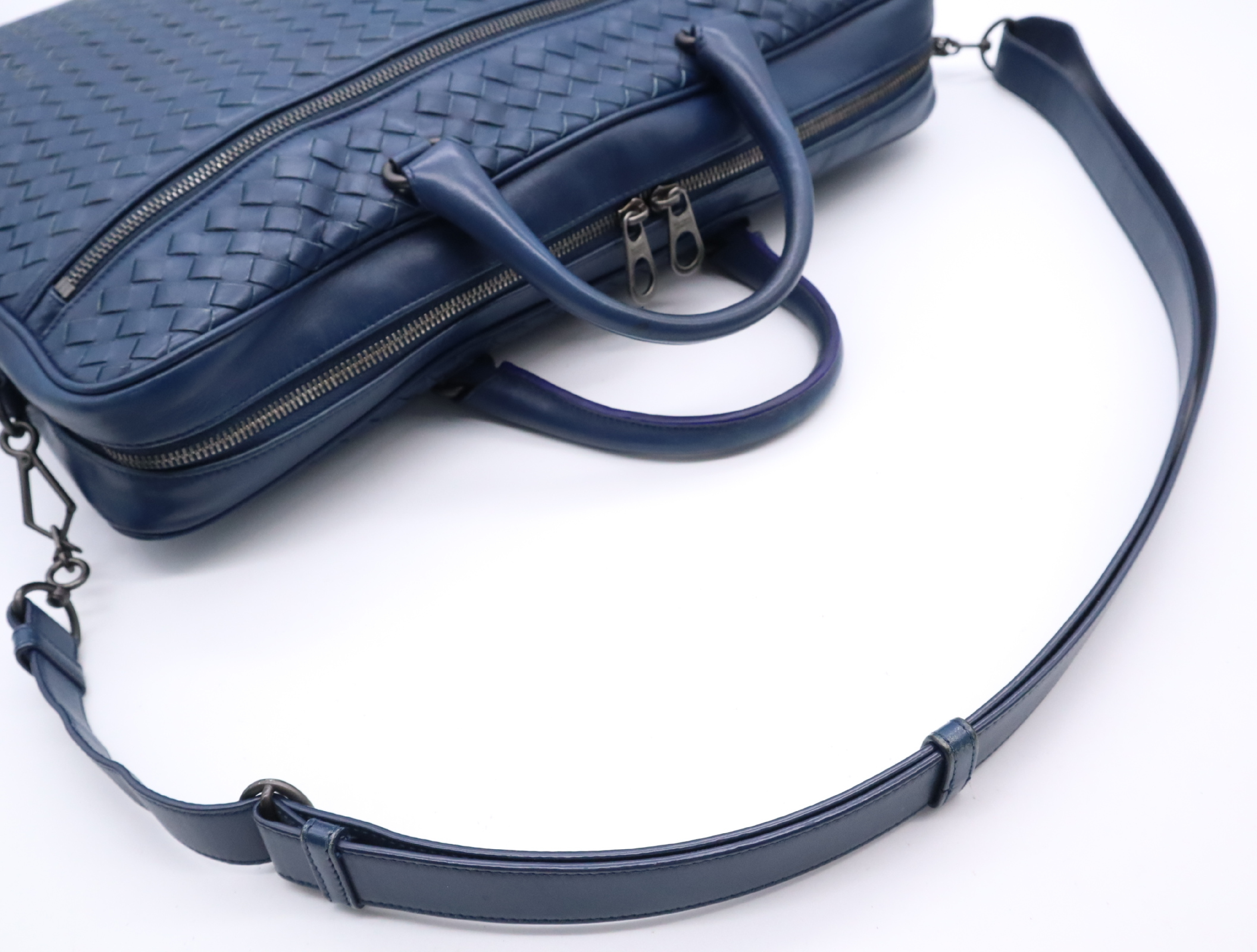 Leather Intrecciato 2-Way Business Bag with Shoulder Strap, Blue Business Bag — view 14