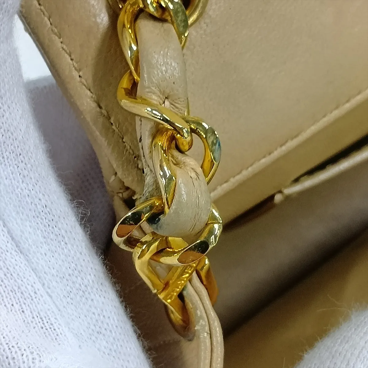 Matelassé Lambskin Single Flap Single Chain Bag, Beige with Gold Hardware — view 11