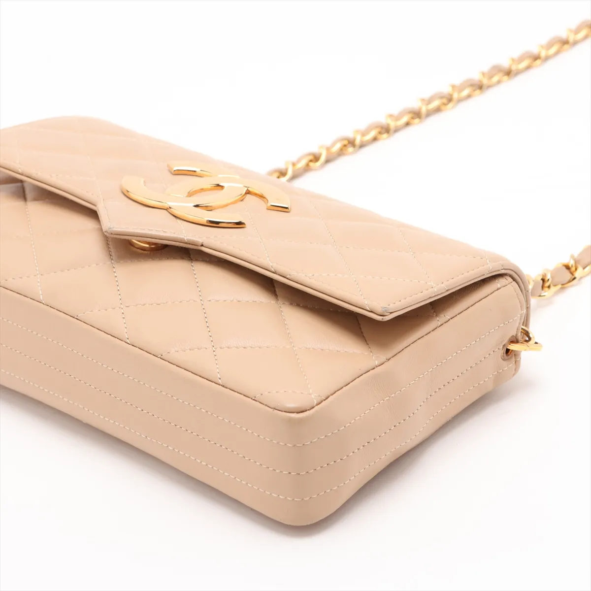Matelassé Lambskin Single Flap Single Chain Bag, Beige with Gold Hardware — view 3