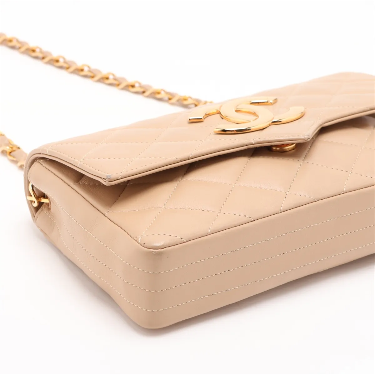 Matelassé Lambskin Single Flap Single Chain Bag, Beige with Gold Hardware — view 4