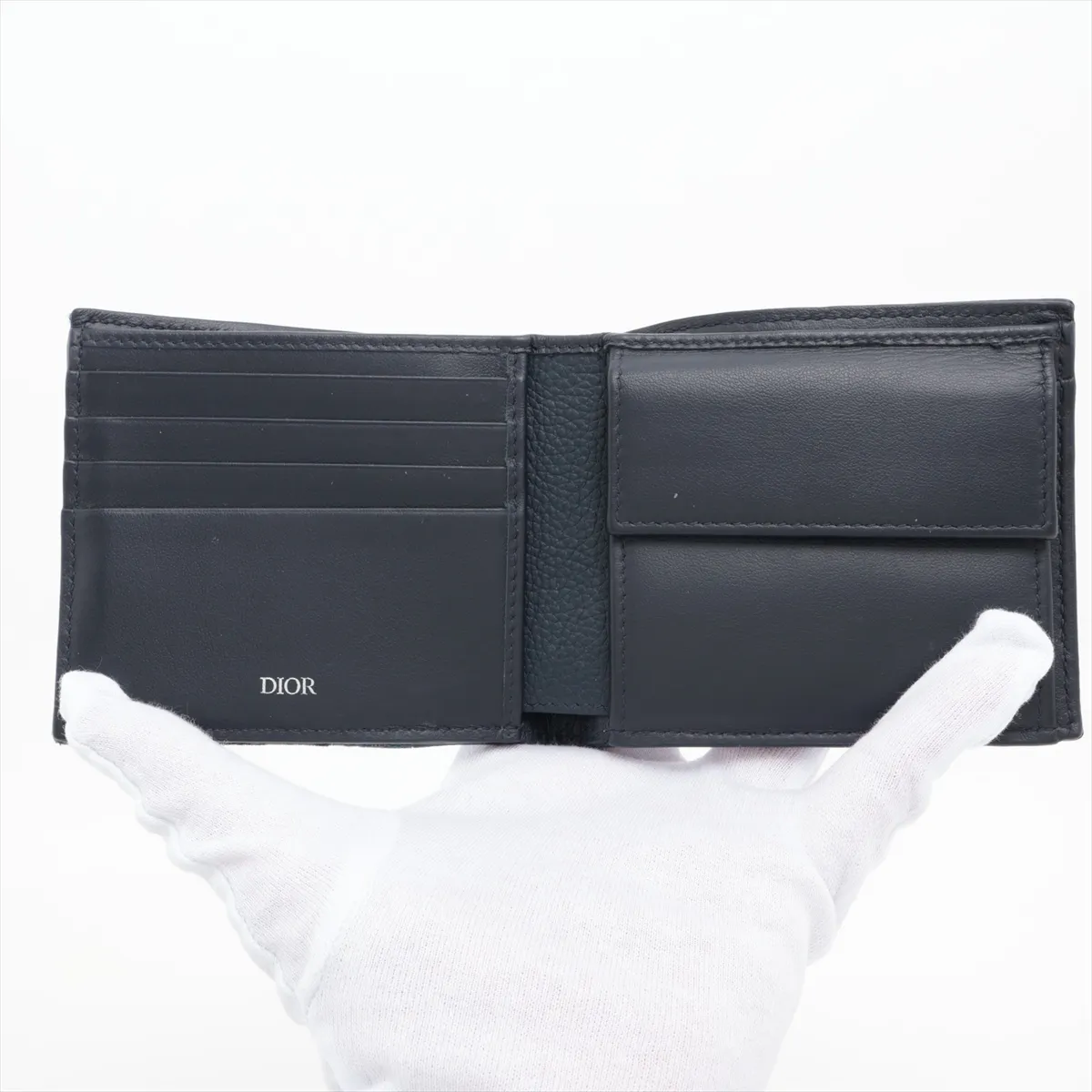 Oblique Saddle Leather Compact Wallet, Navy — view 3
