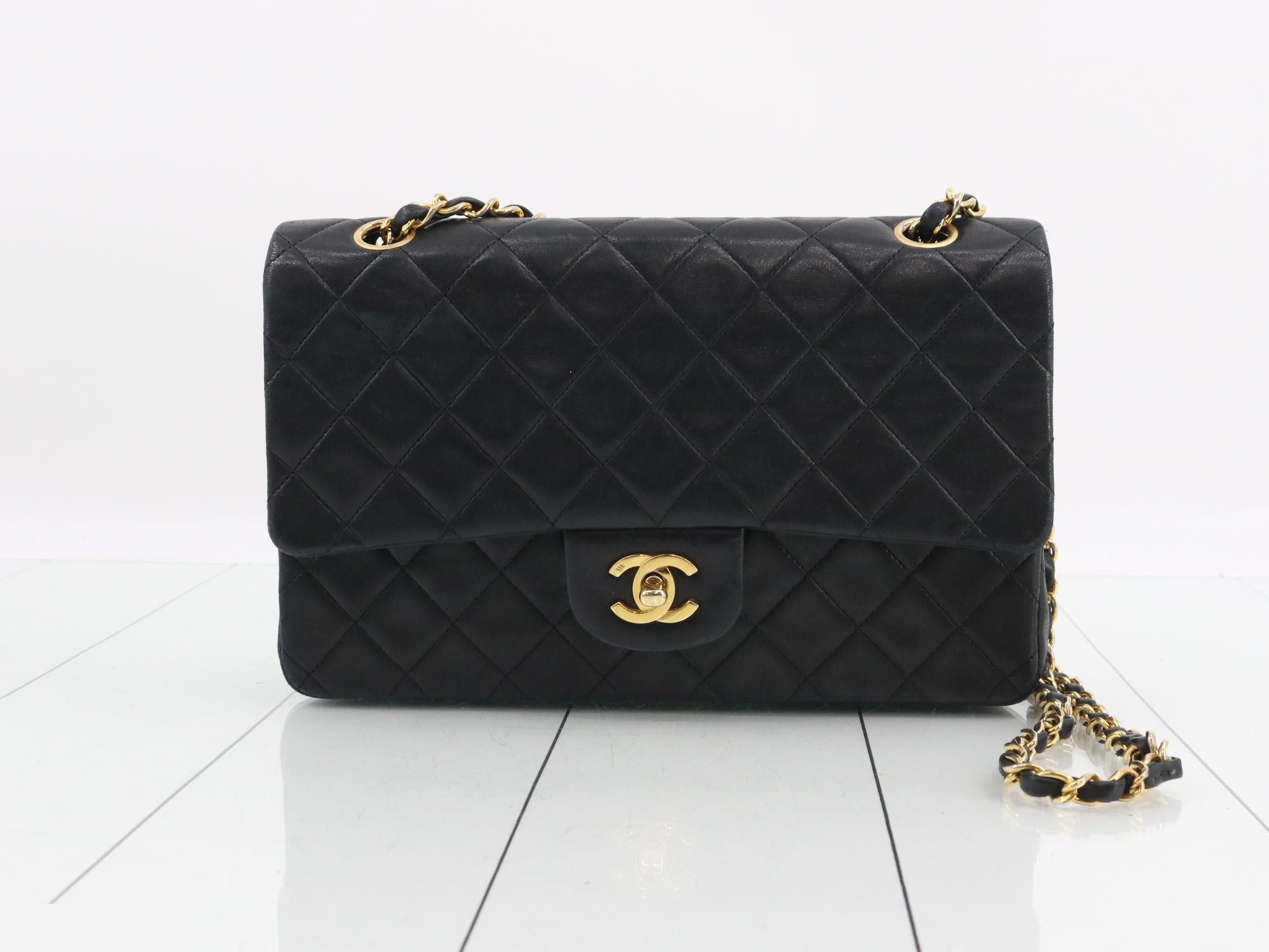 Matelassé 25 Lambskin Double Flap Double Chain Bag, Black with Gold Hardware