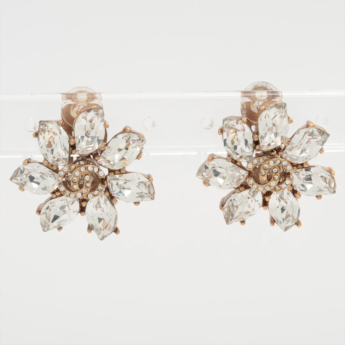 Coco Mark Flower 02A Earrings (Pair) GP x Rhinestone Gold