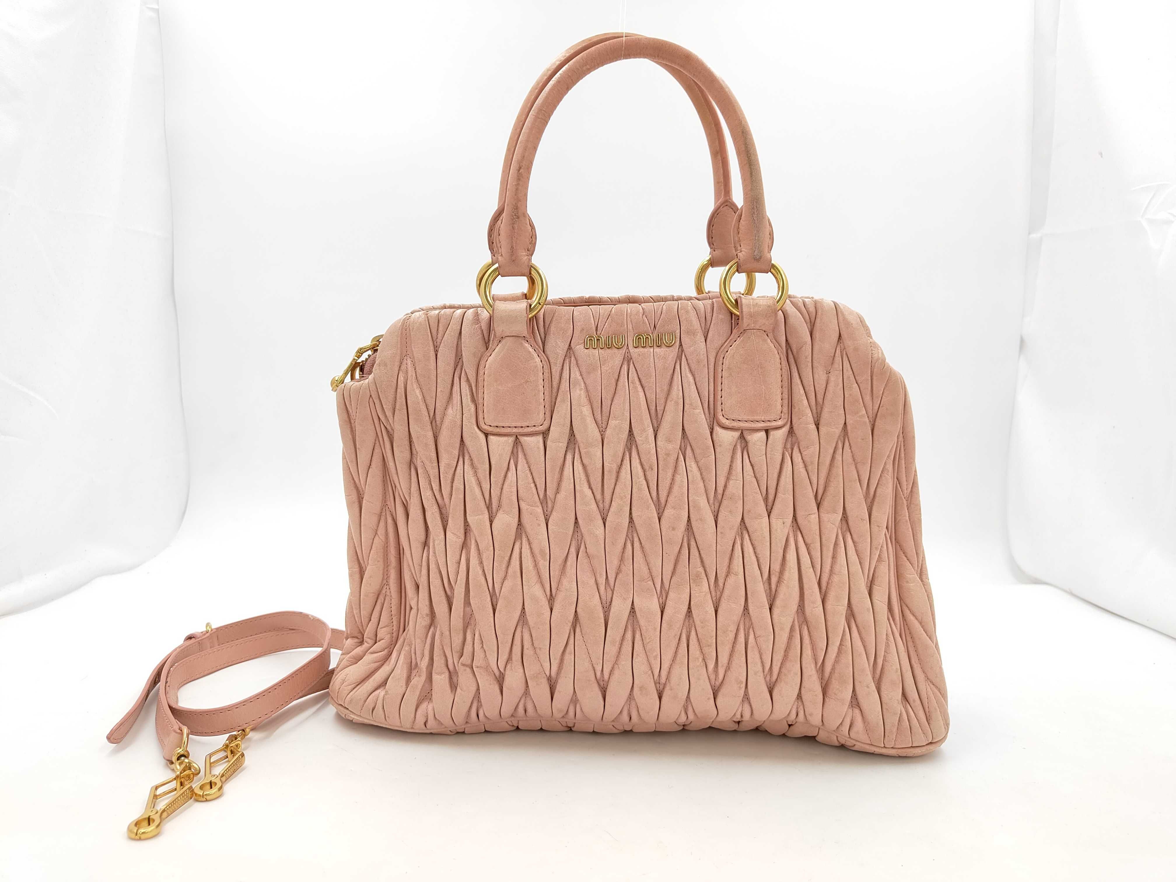 Matelassé 2-Way Bag with Long Strap, Leather, Pink Handbag