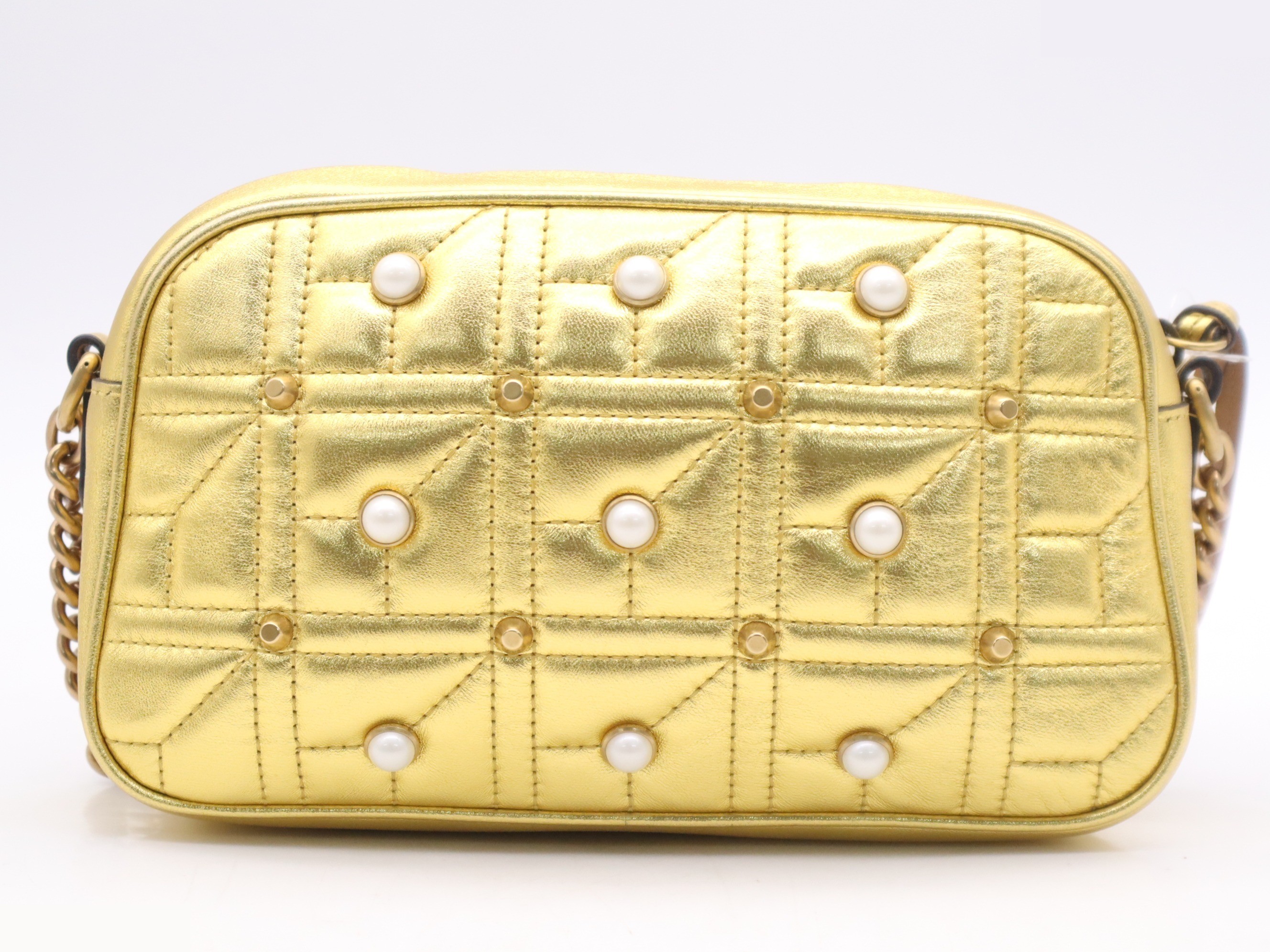 Leather GG Marmont Pearly Shoulder Bag, Gold, GD Hardware — view 2