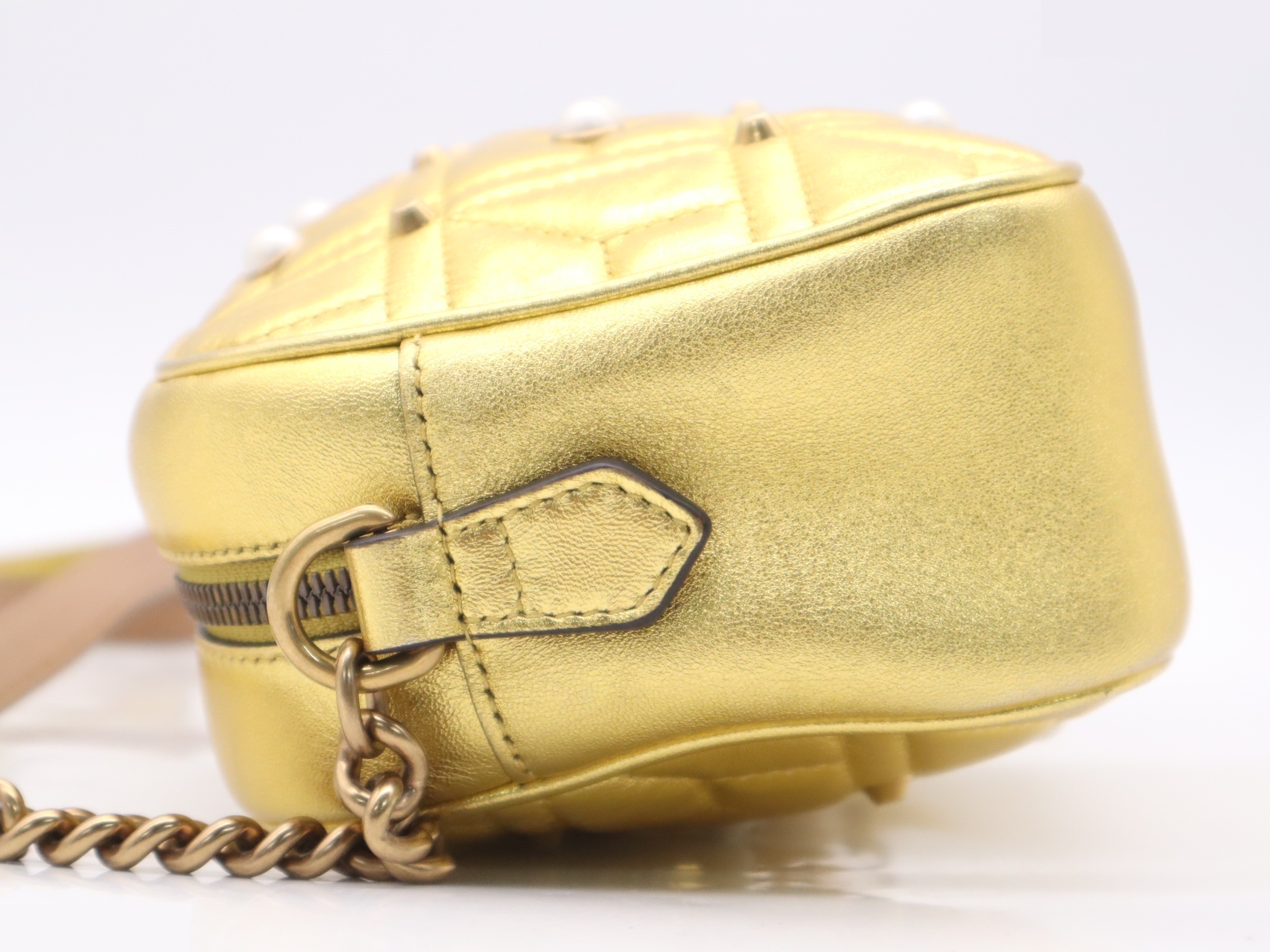 Leather GG Marmont Pearly Shoulder Bag, Gold, GD Hardware — view 3