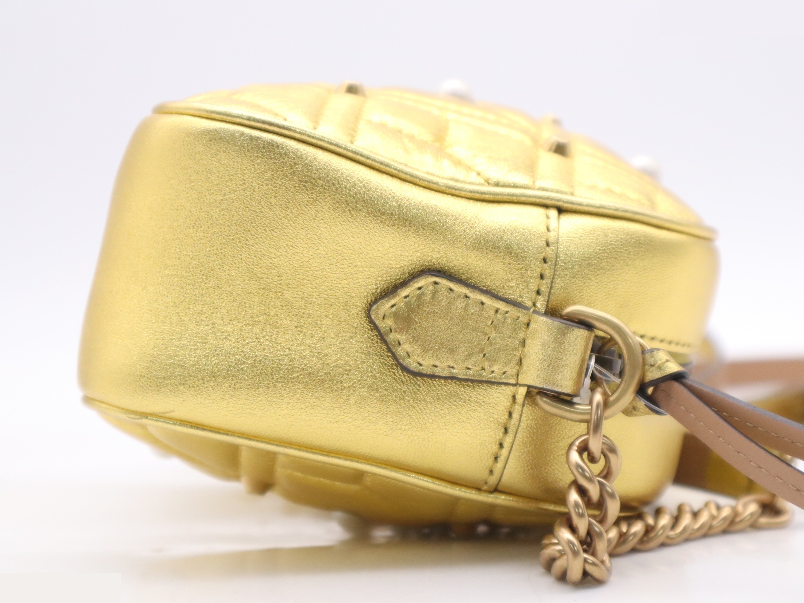Leather GG Marmont Pearly Shoulder Bag, Gold, GD Hardware — view 5