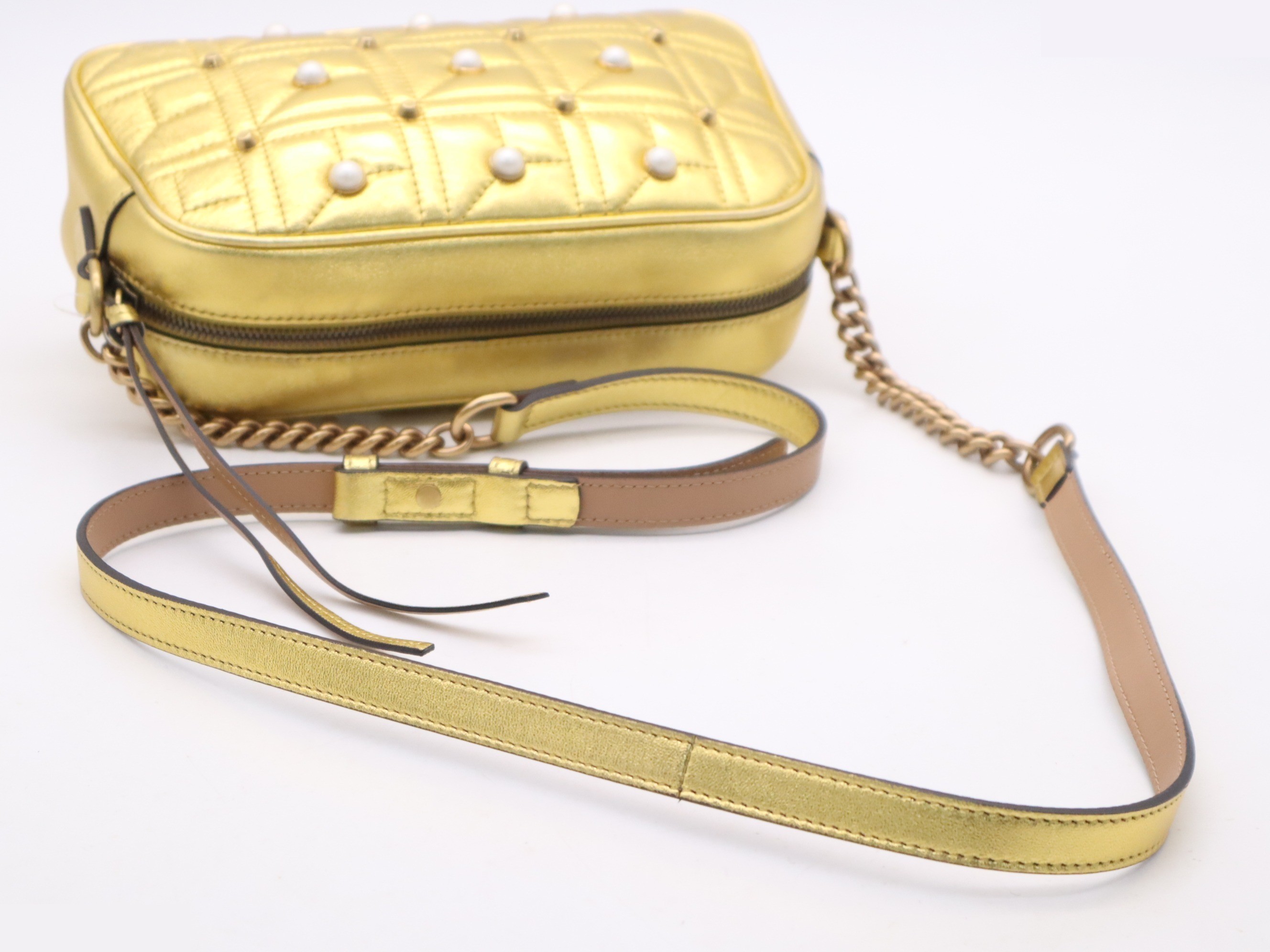Leather GG Marmont Pearly Shoulder Bag, Gold, GD Hardware — view 6