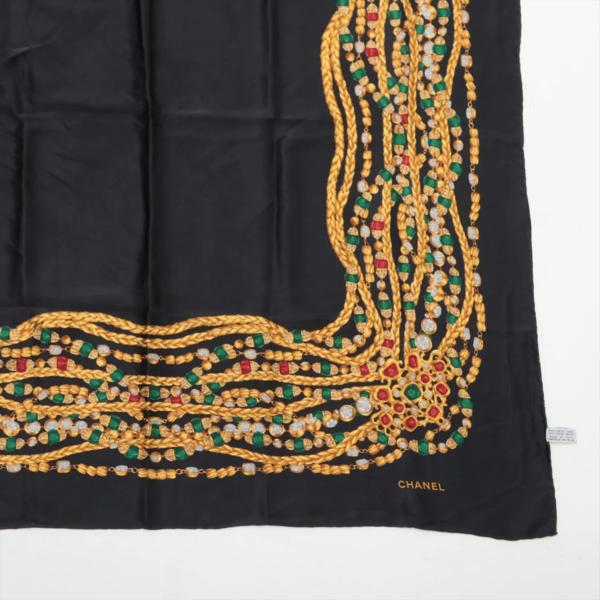 Gripoix scarf, silk, black. Shows signs of wear, including loose threads, — view 4