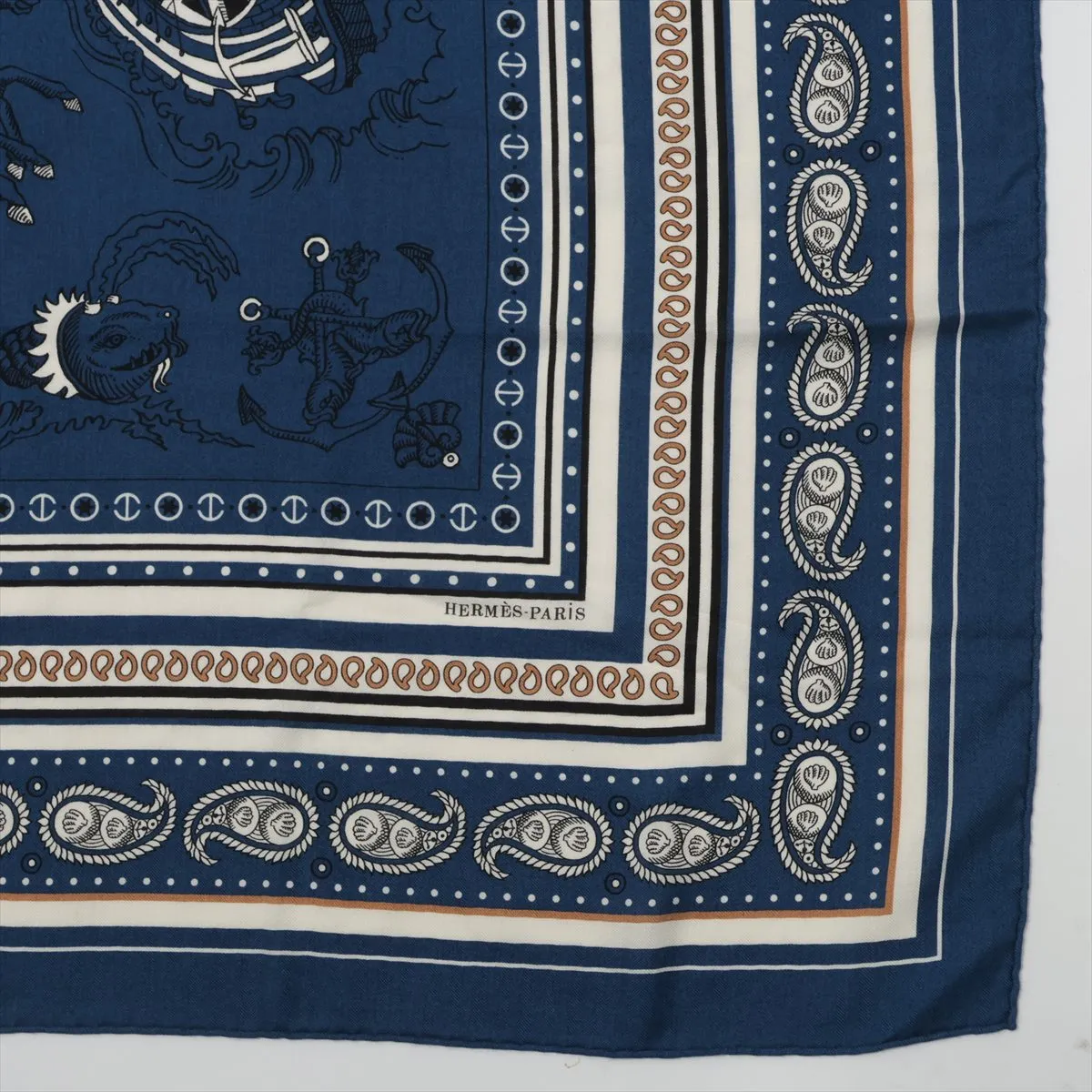 Carre Geant Tatouages ​​Marins Bandana (Sailor's Tattoo Bandana Scarf) Cashmere x Silk Blue - Some snags, wear, and pilling. — view 4