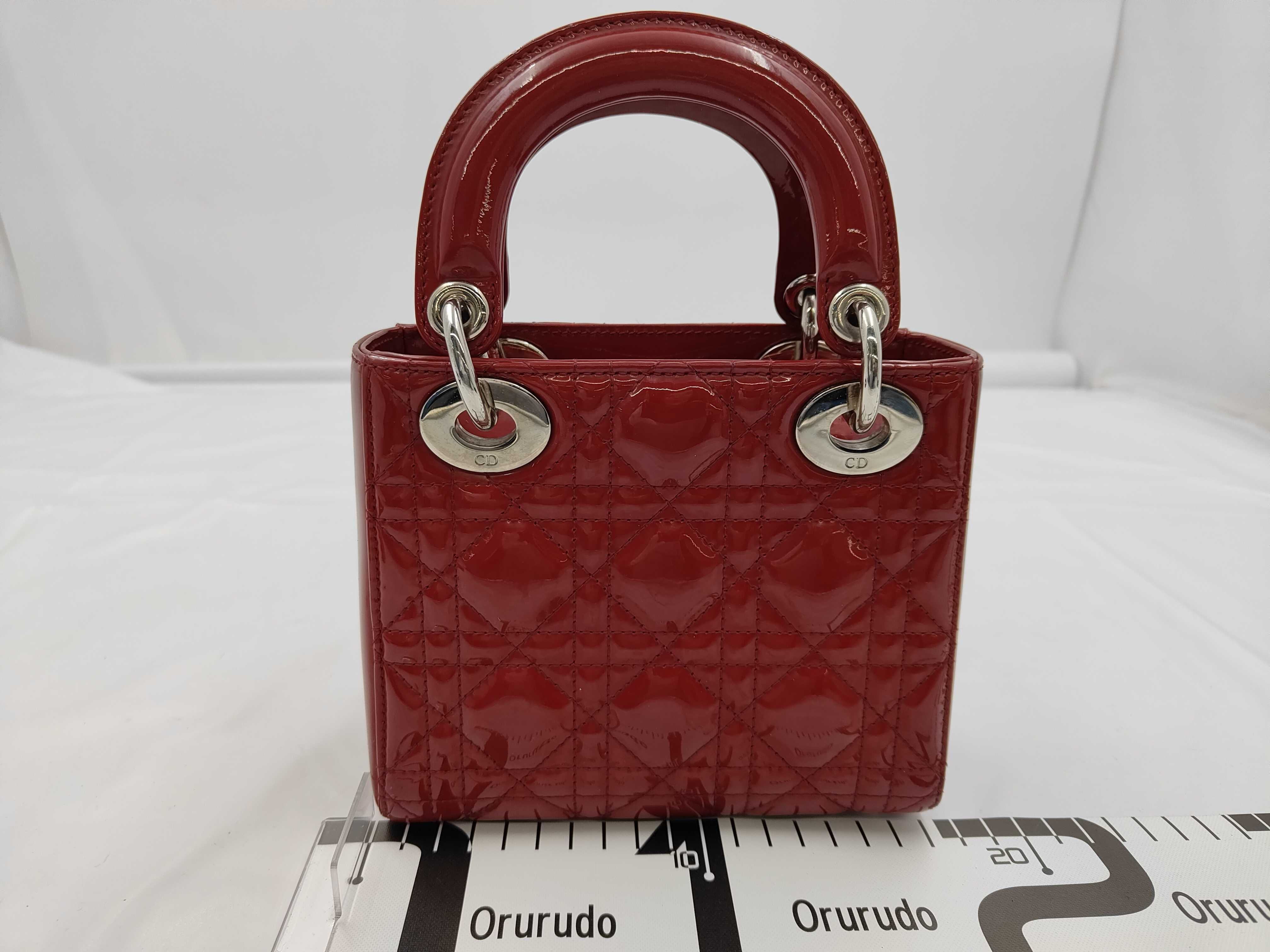 Lady Dior Handbag, 3 Compartments, Red & Silver, Patent Leather — view 2
